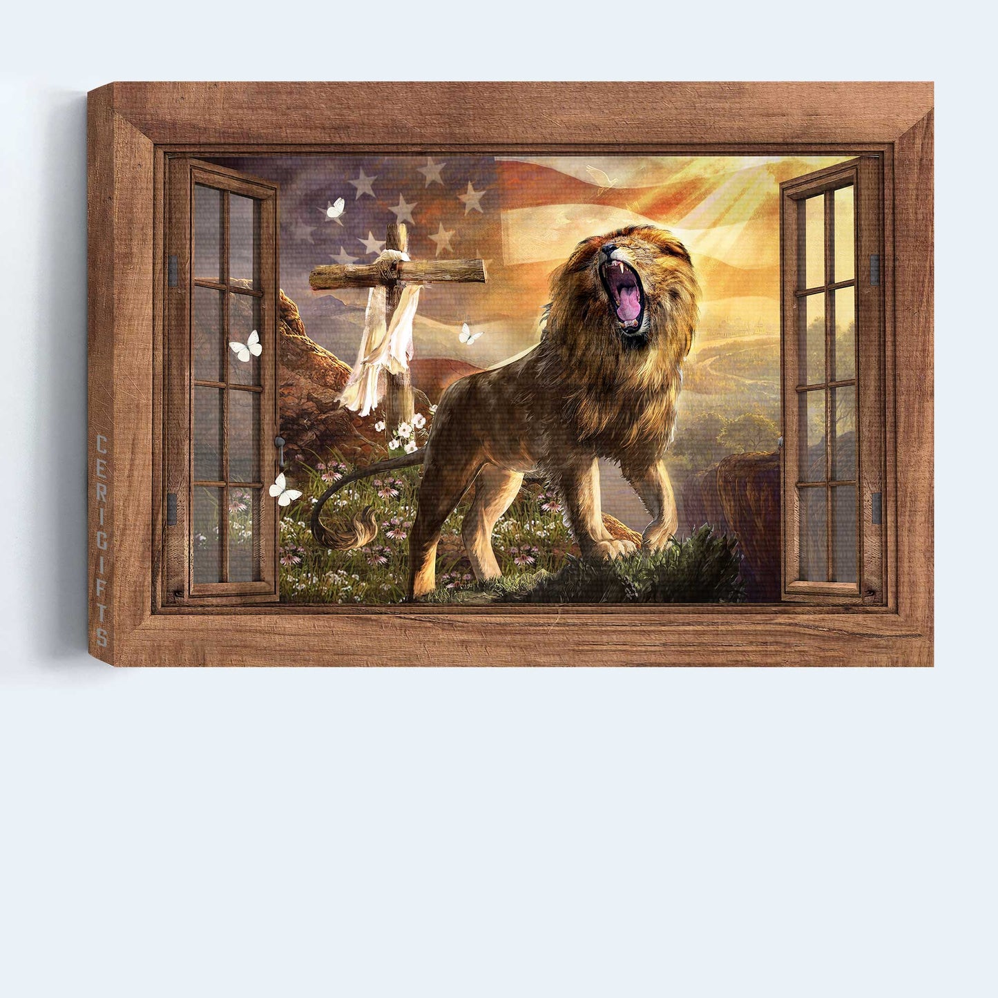 Jesus Landscape Canvas- Lion of Judah, Cross, American flag, Roaring lion canvas- Gift for Christian - Landscape Canvas Prints, Wall Art