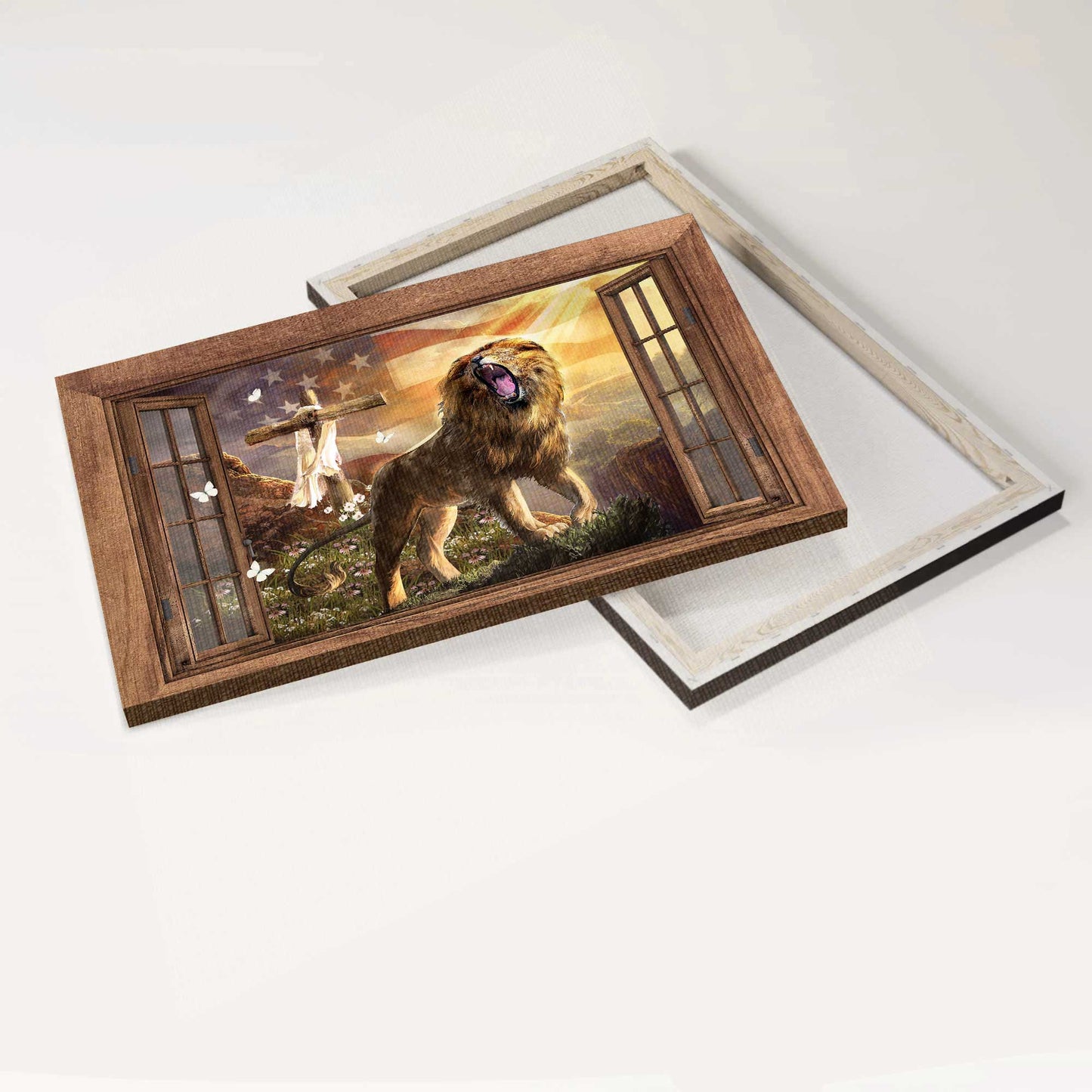 Jesus Landscape Canvas- Lion of Judah, Cross, American flag, Roaring lion canvas- Gift for Christian - Landscape Canvas Prints, Wall Art