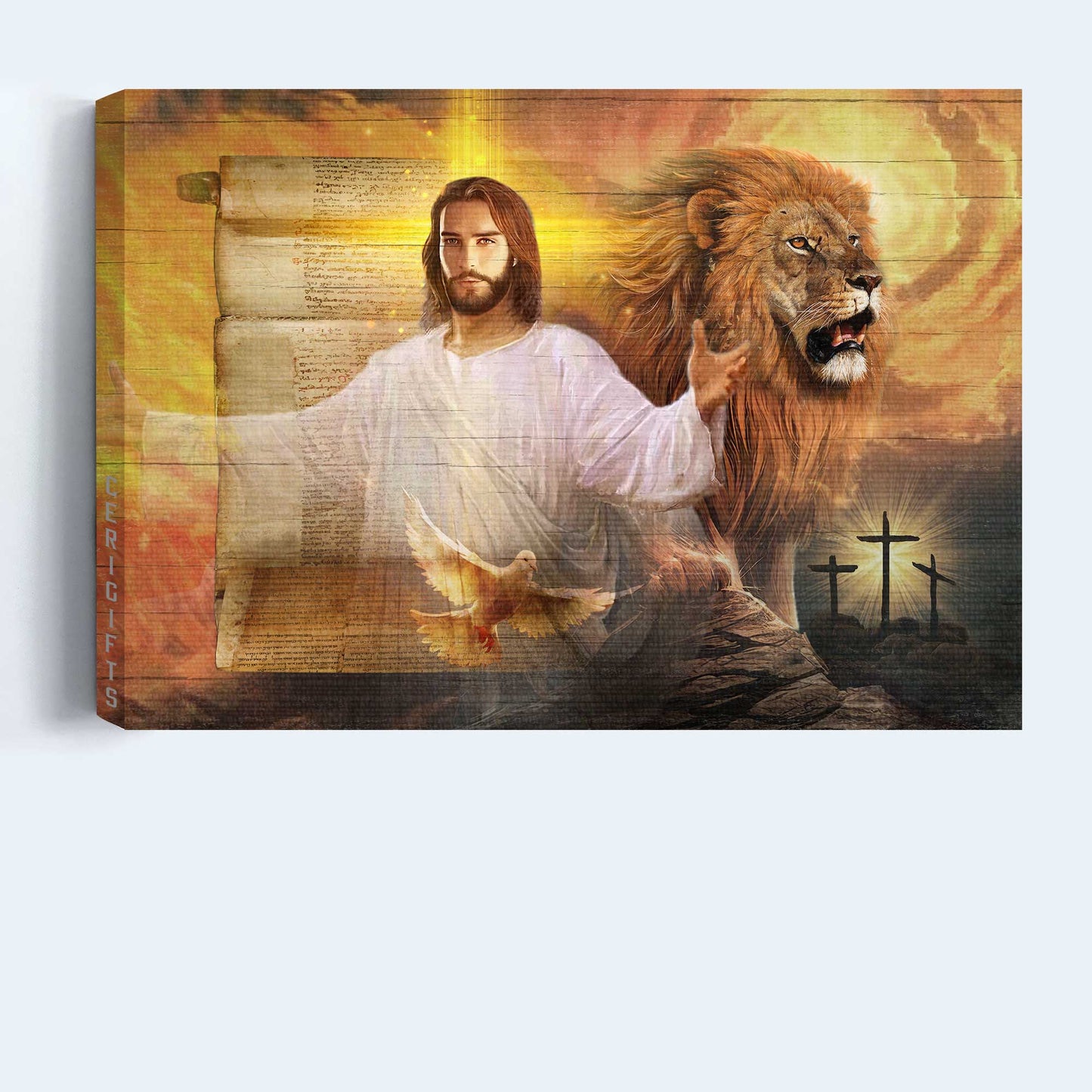 Jesus Landscape Canvas- Lion of Judah, Dove of peace, Three wooden crosses, Silhouette of Jesus in heaven canvas- Gift for Christian - Landscape Canvas Prints, Christian Wall Art