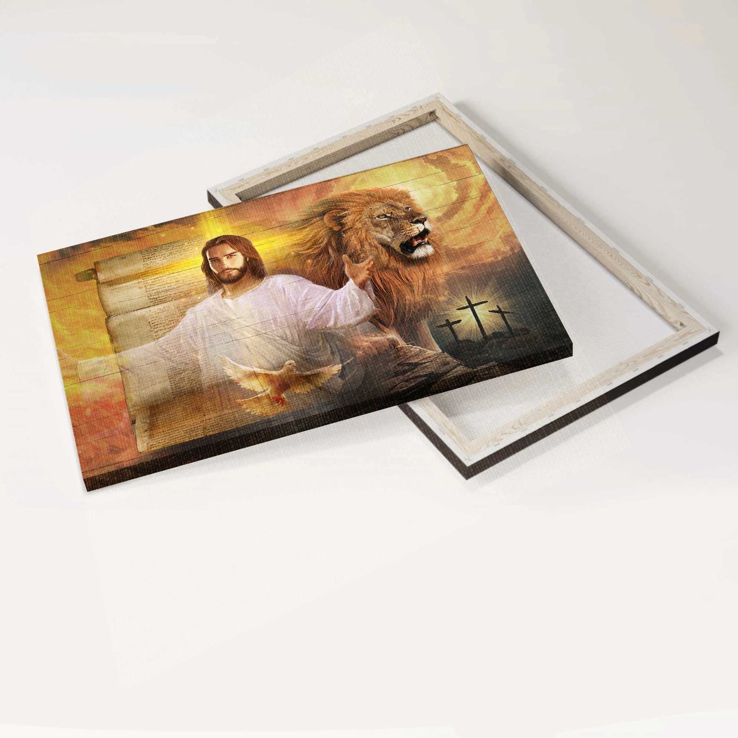 Jesus Landscape Canvas- Lion of Judah, Dove of peace, Three wooden crosses, Silhouette of Jesus in heaven canvas- Gift for Christian - Landscape Canvas Prints, Christian Wall Art