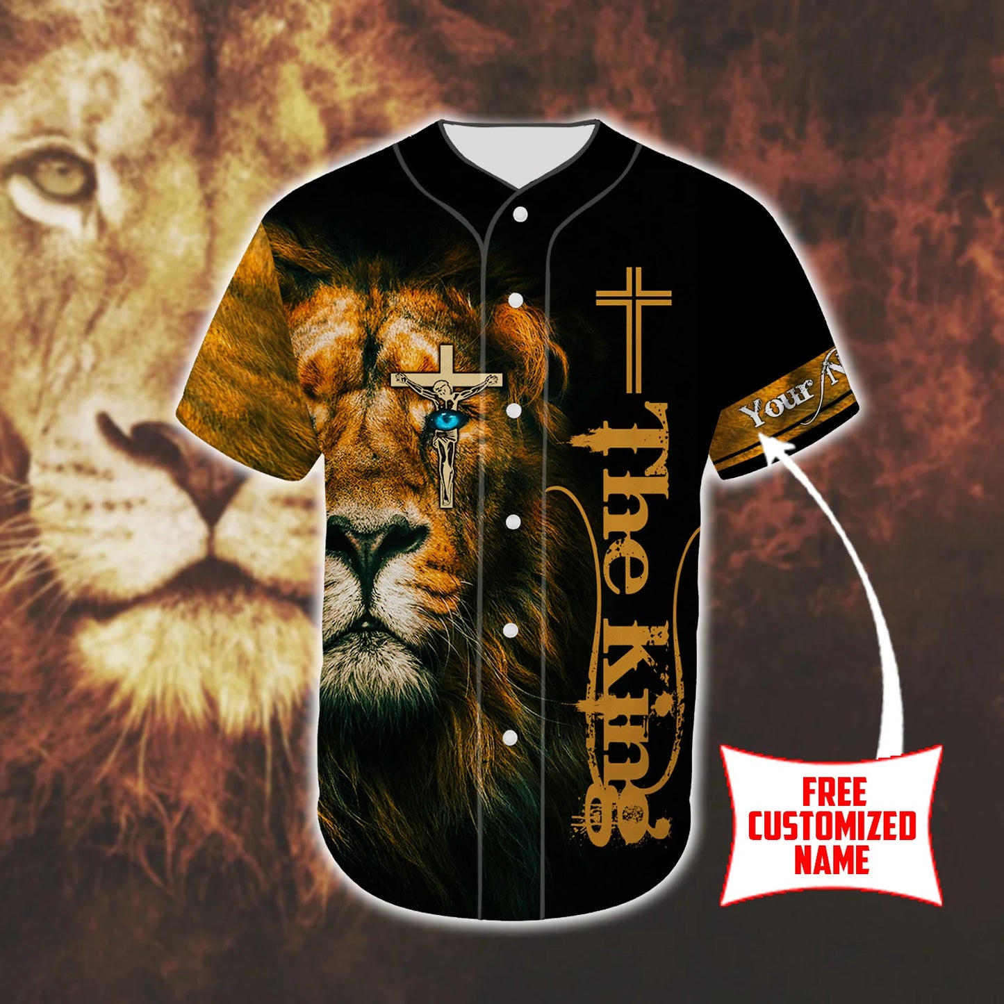 Personalized Jesus Baseball Jersey - Cross, Lion Baseball Jersey - Gift For Christians - The King Custom Printed Baseball Jersey Shirt For Men Women
