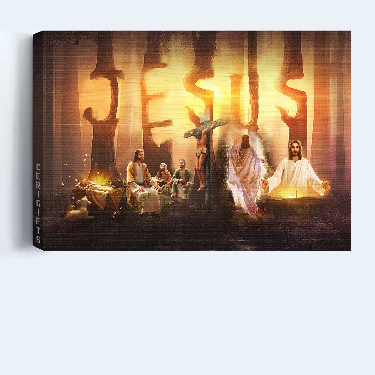 Jesus Landscape Canvas- Amazing Halo, Jesus On The Cross, The Life Of Jesus, Little Lamb Landscape Canvas- Gift For Christian