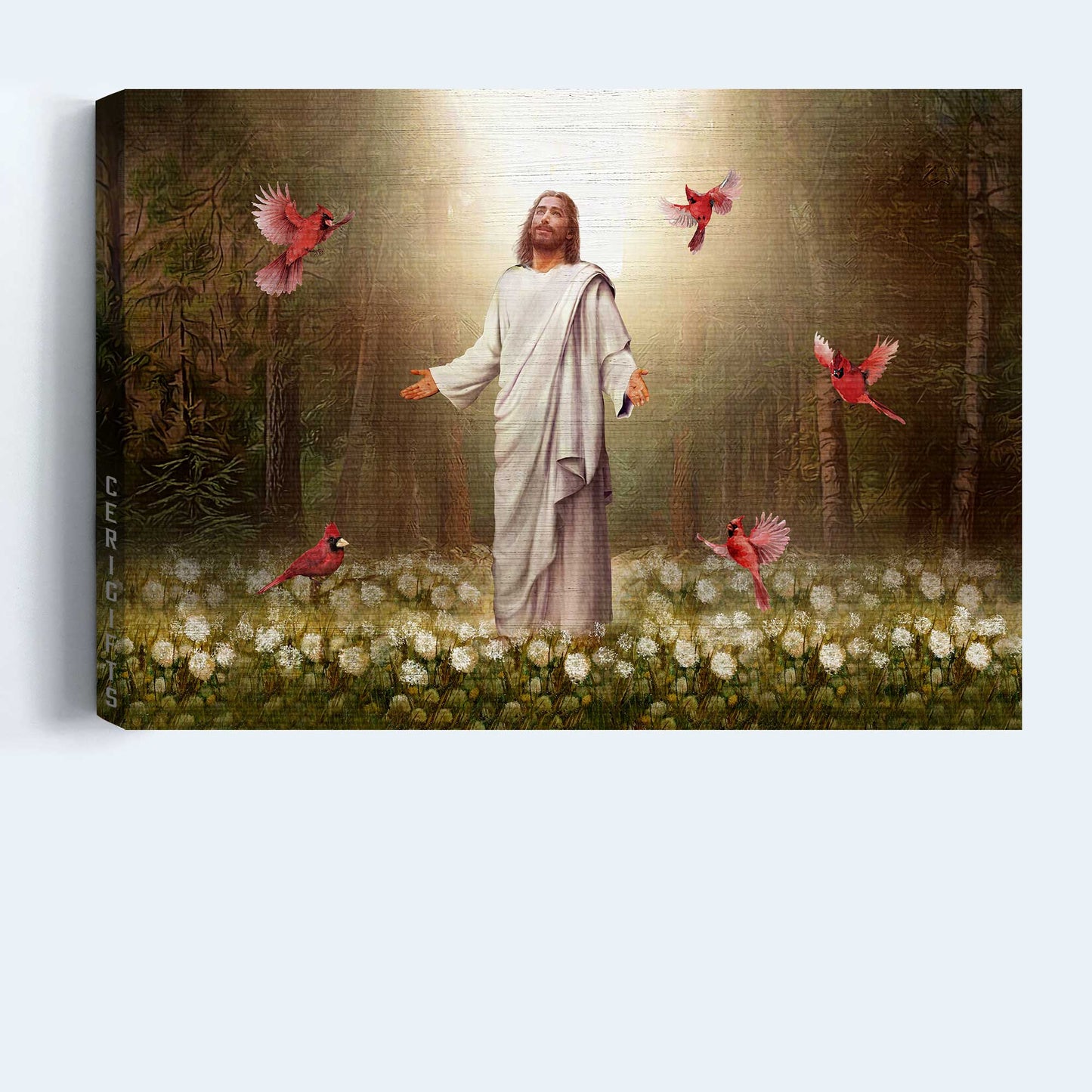 Jesus Landscape Canvas- Amazing Forest, Jesus Painting, Pretty Cardinal, Beautiful Dandelion Field Landscape Canvas- Gift For Christian