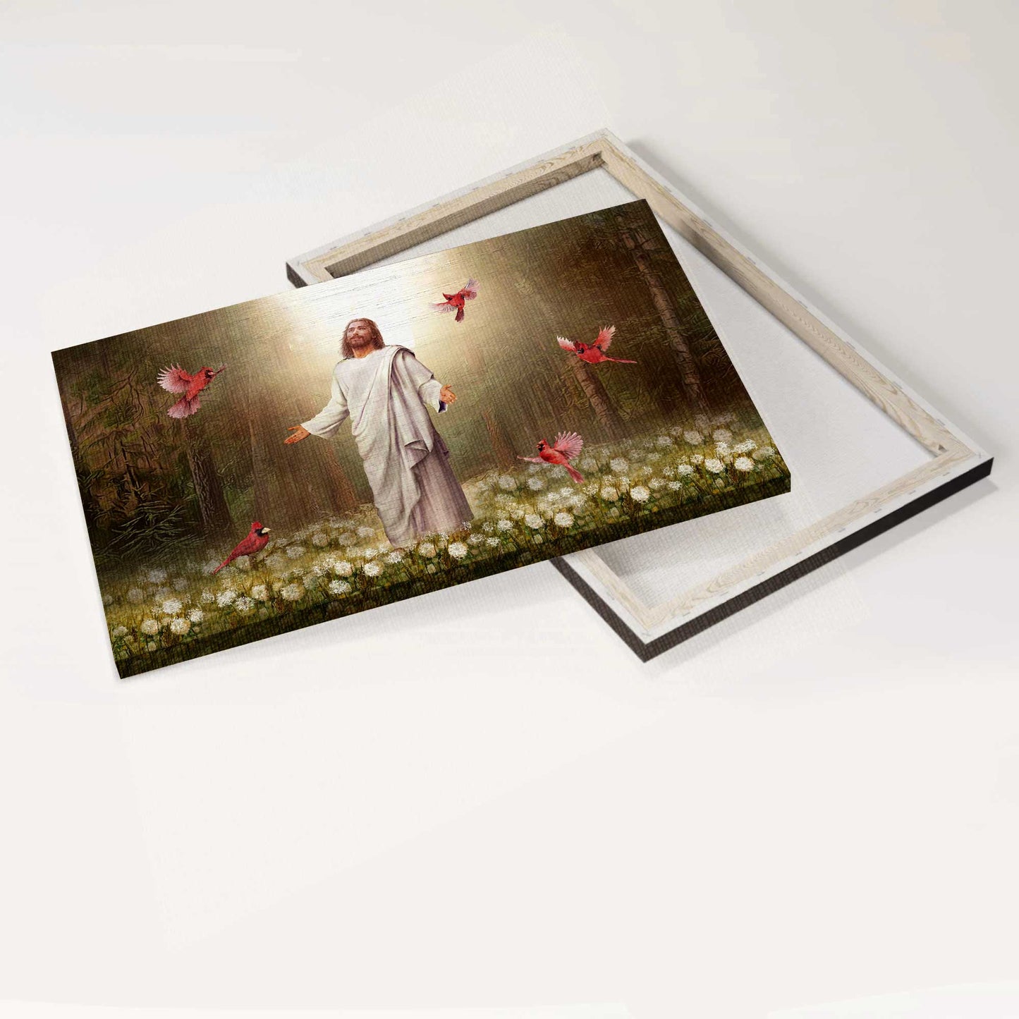 Jesus Landscape Canvas- Amazing Forest, Jesus Painting, Pretty Cardinal, Beautiful Dandelion Field Landscape Canvas- Gift For Christian