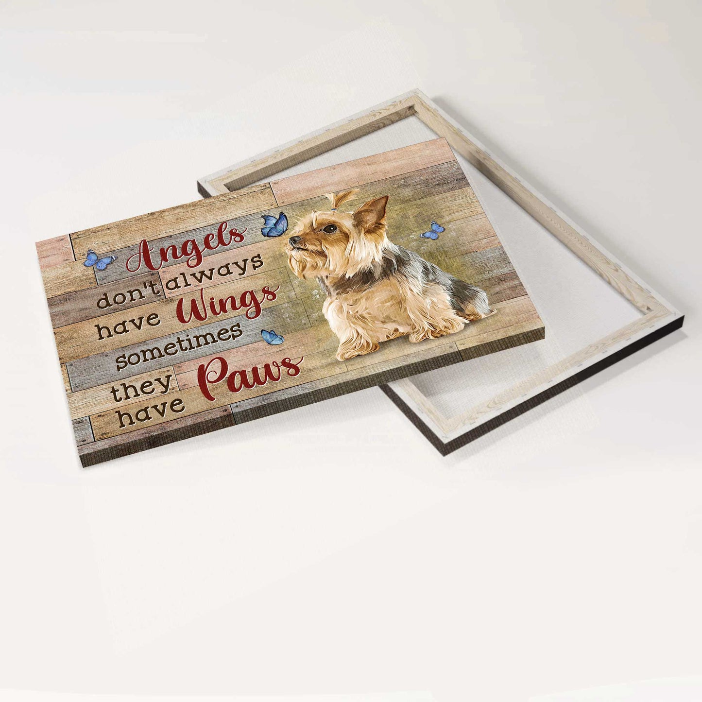 Memorial Landscape Canvas- Little Yorkshire Terrier, Blue butterfly- Gift for members family- Angels don't always have wings - Heaven Landscape Canvas Prints, Wall Art