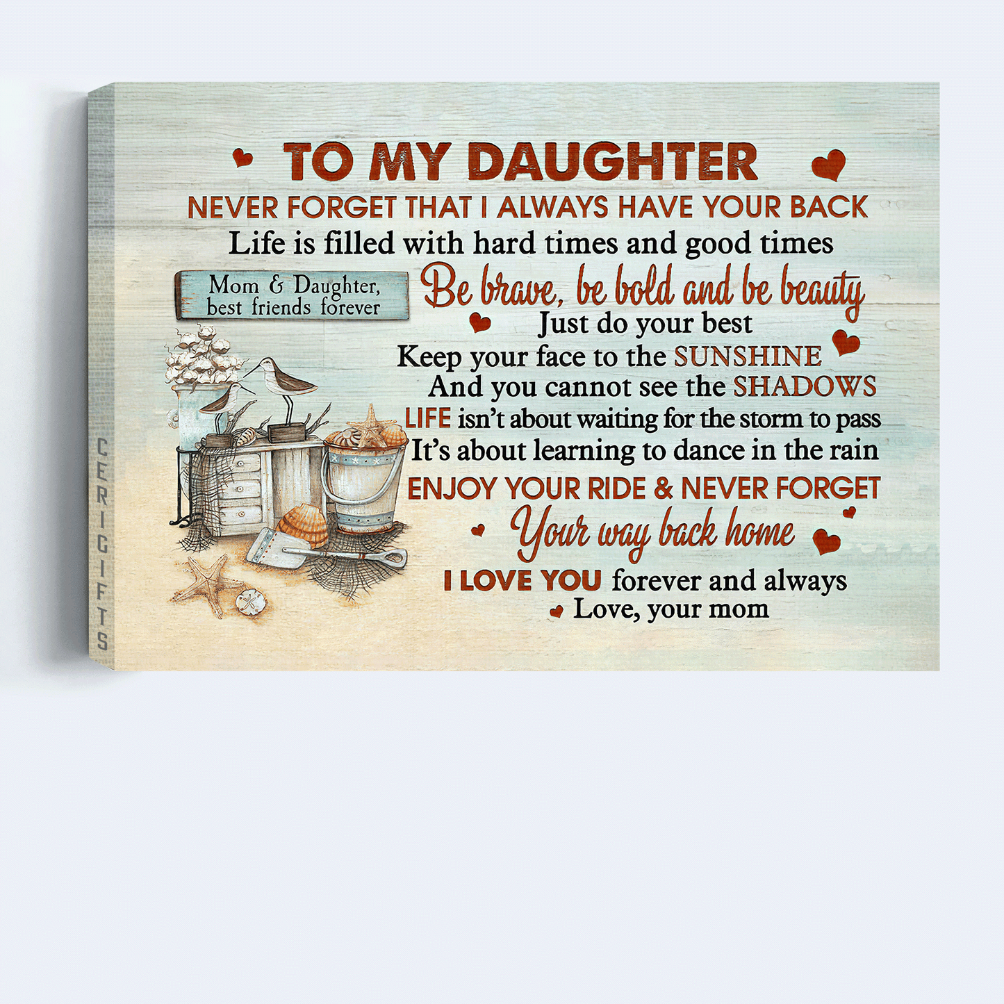 Gift for Daughter- Mom to daughter, Basket of seashell canvas- Be brave, be bold, be beauty - Family Landscape Canvas Prints, Wall Art