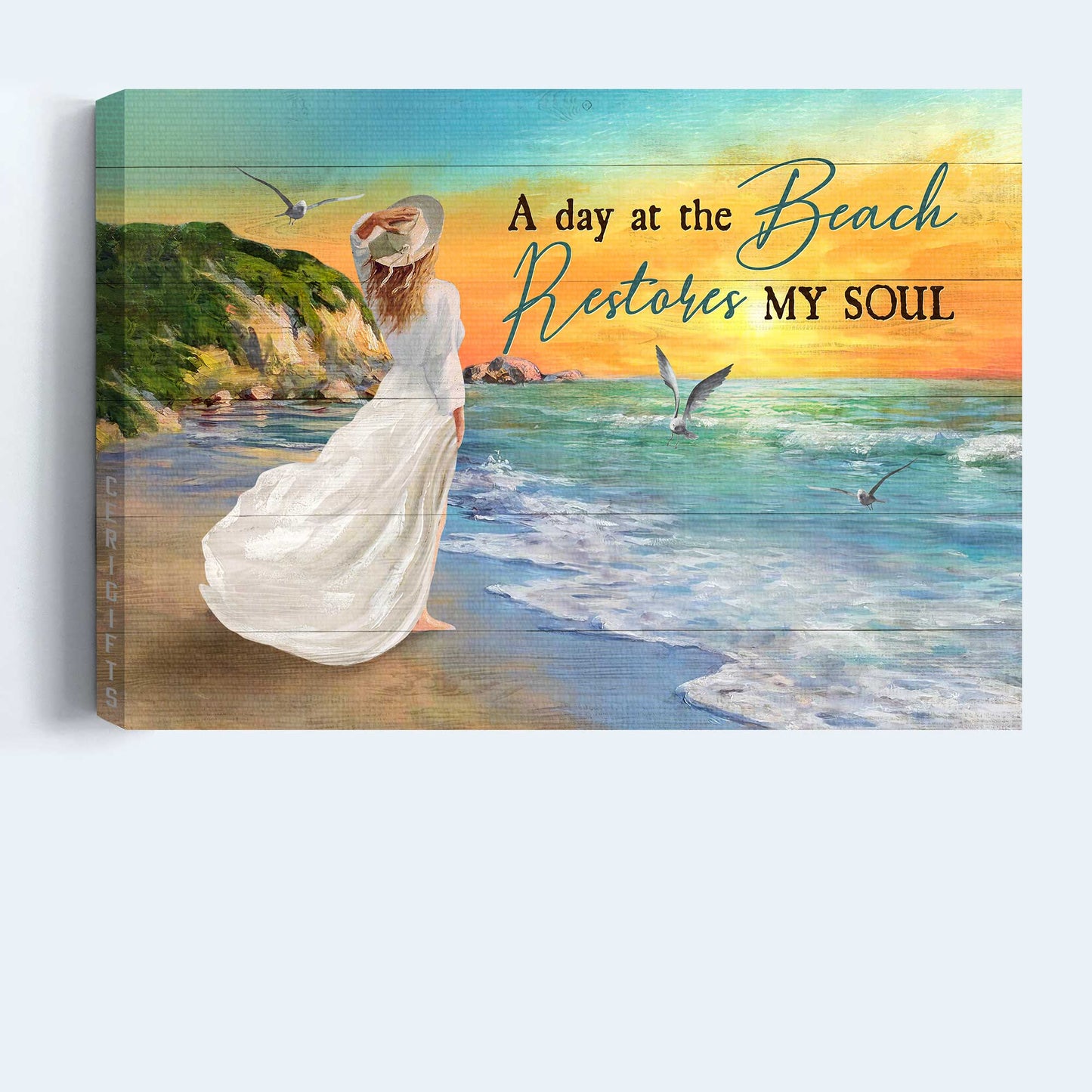 Jesus Landscape Canvas- Amazing Girl, Pretty Sunset, Blue Beach Landscape Canvas- Gift For Christian- A Day At The Beach Restores My Soul