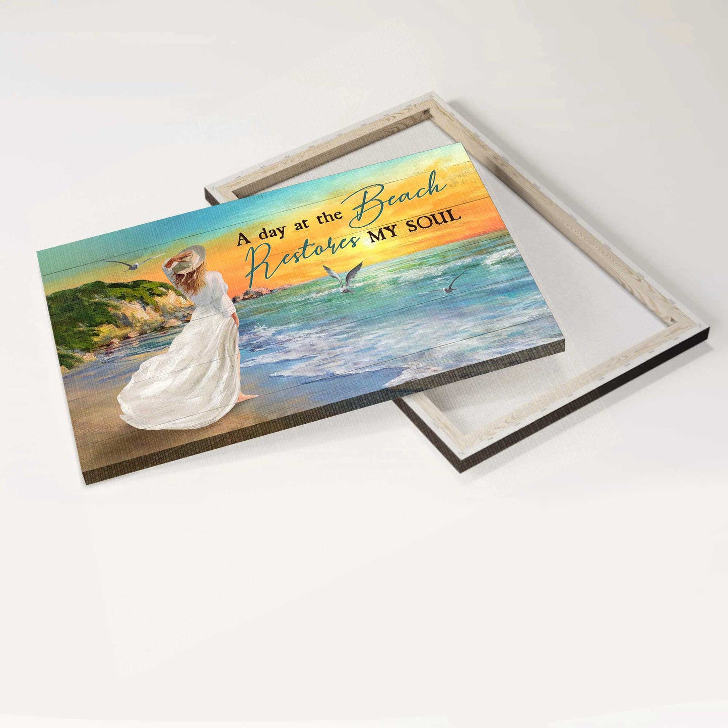 Jesus Landscape Canvas- Amazing Girl, Pretty Sunset, Blue Beach Landscape Canvas- Gift For Christian- A Day At The Beach Restores My Soul