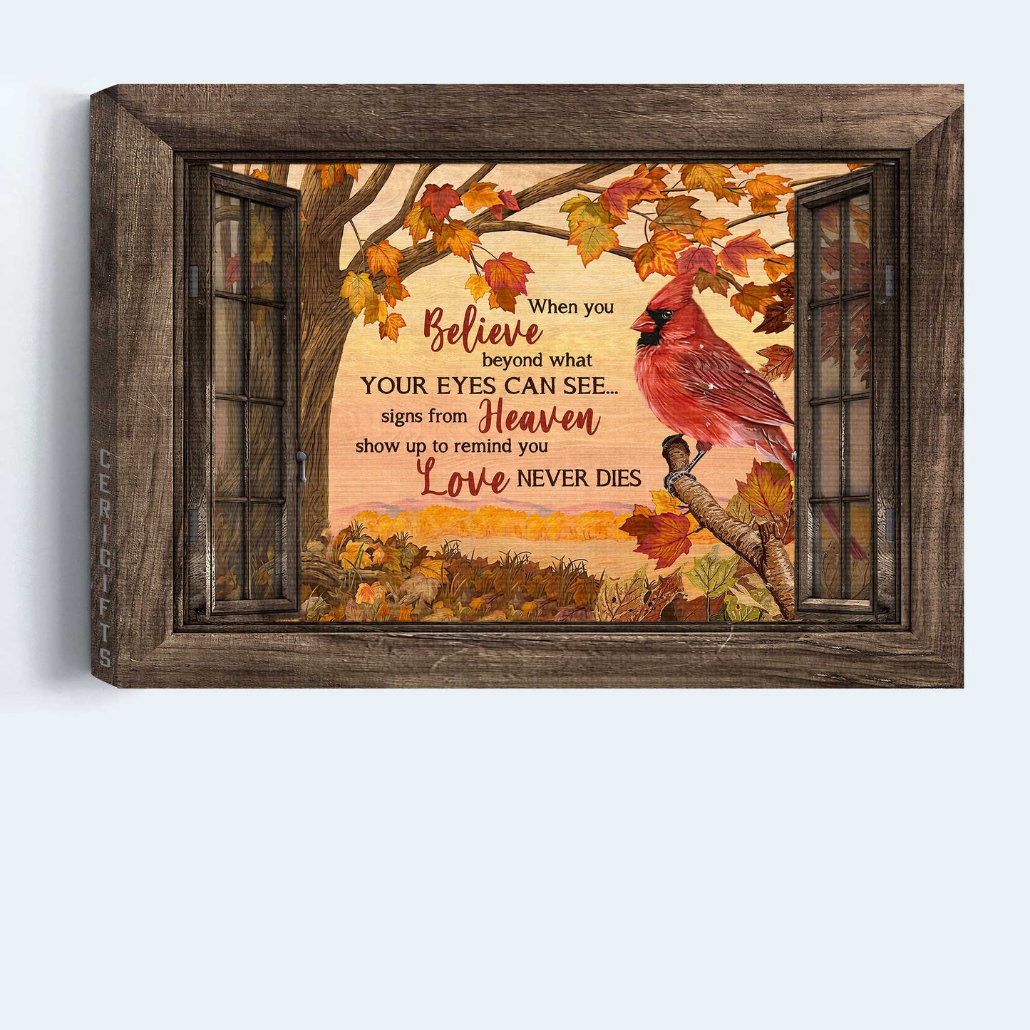 Memorial Landscape Canvas- Northern cardinal, Red maple leaf, Tree branch, Window frame- Gift for Family- Love never dies - Heaven Landscape Canvas Prints, Wall Art