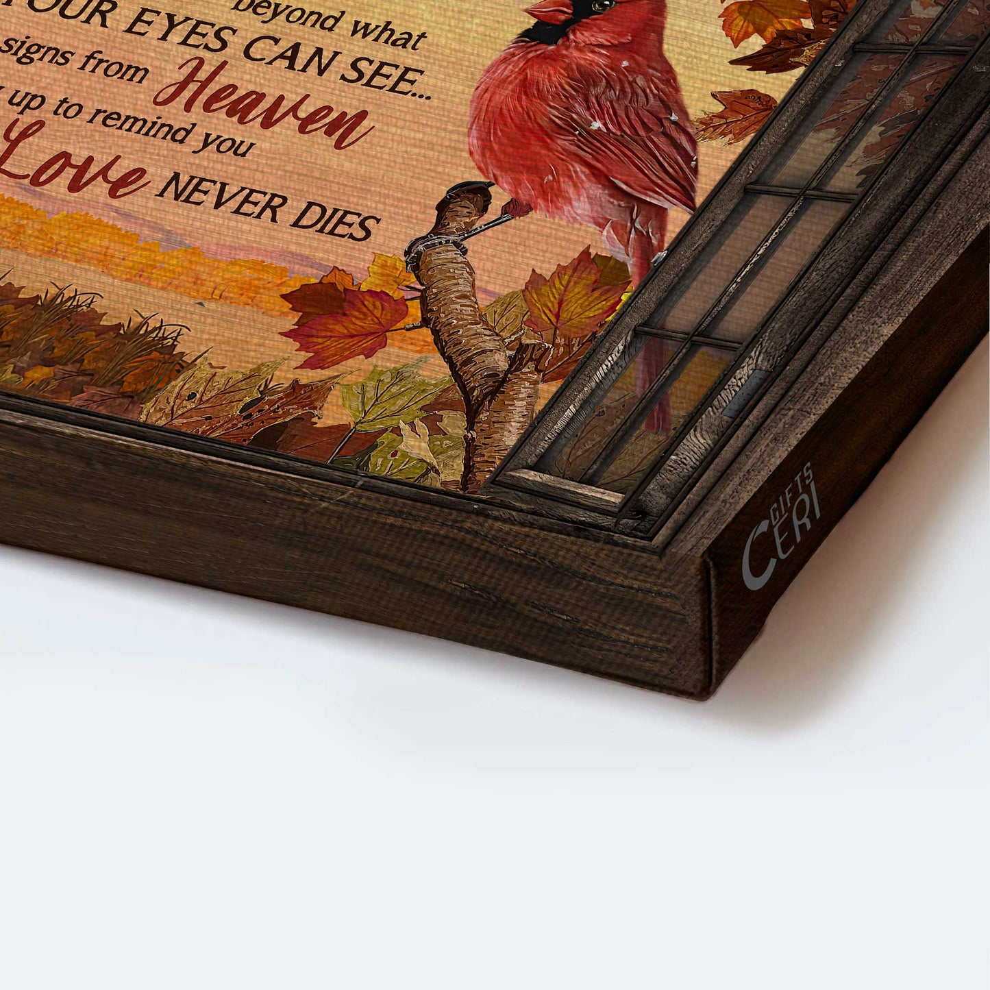 Memorial Landscape Canvas- Northern cardinal, Red maple leaf, Tree branch, Window frame- Gift for Family- Love never dies - Heaven Landscape Canvas Prints, Wall Art