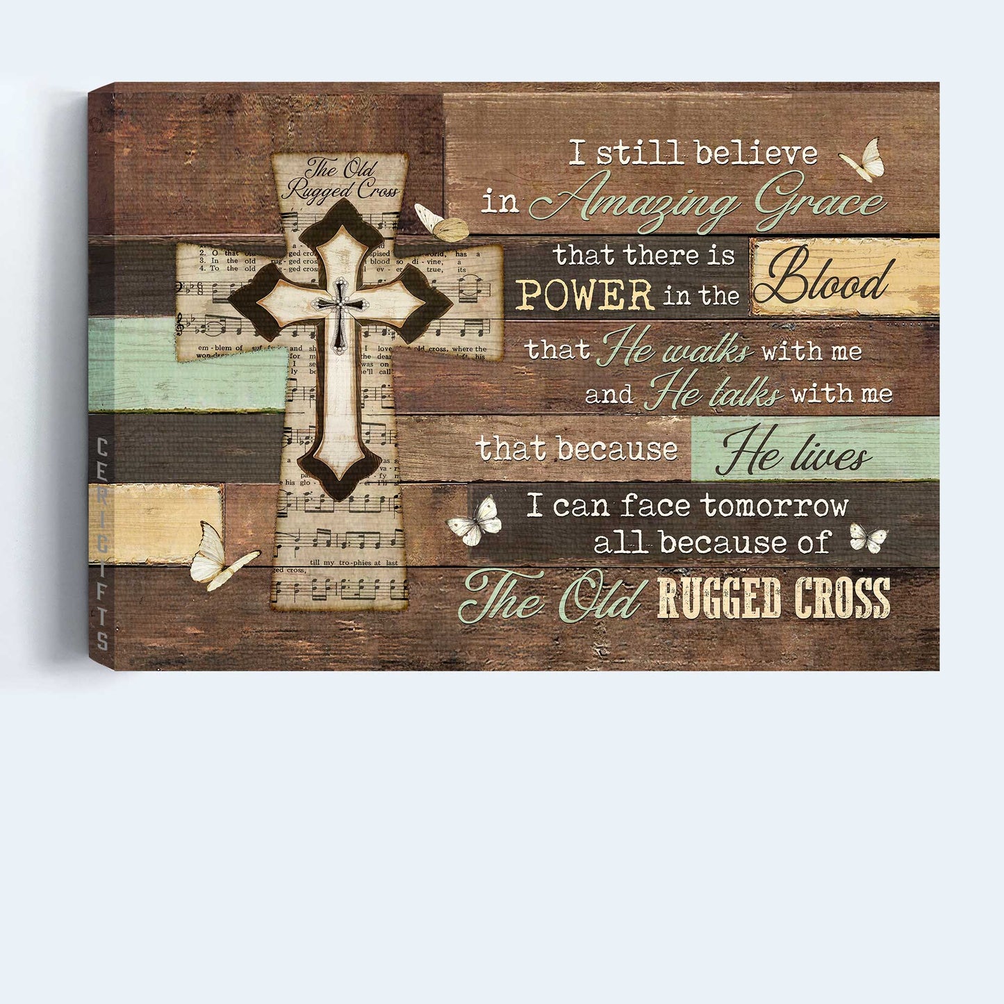 Jesus Landscape Canvas- Amazing Grace, Music Sheet , Wall Planks, White Butterfly Landscape Canvas- Gift For Christian- The Old Rugged Cross