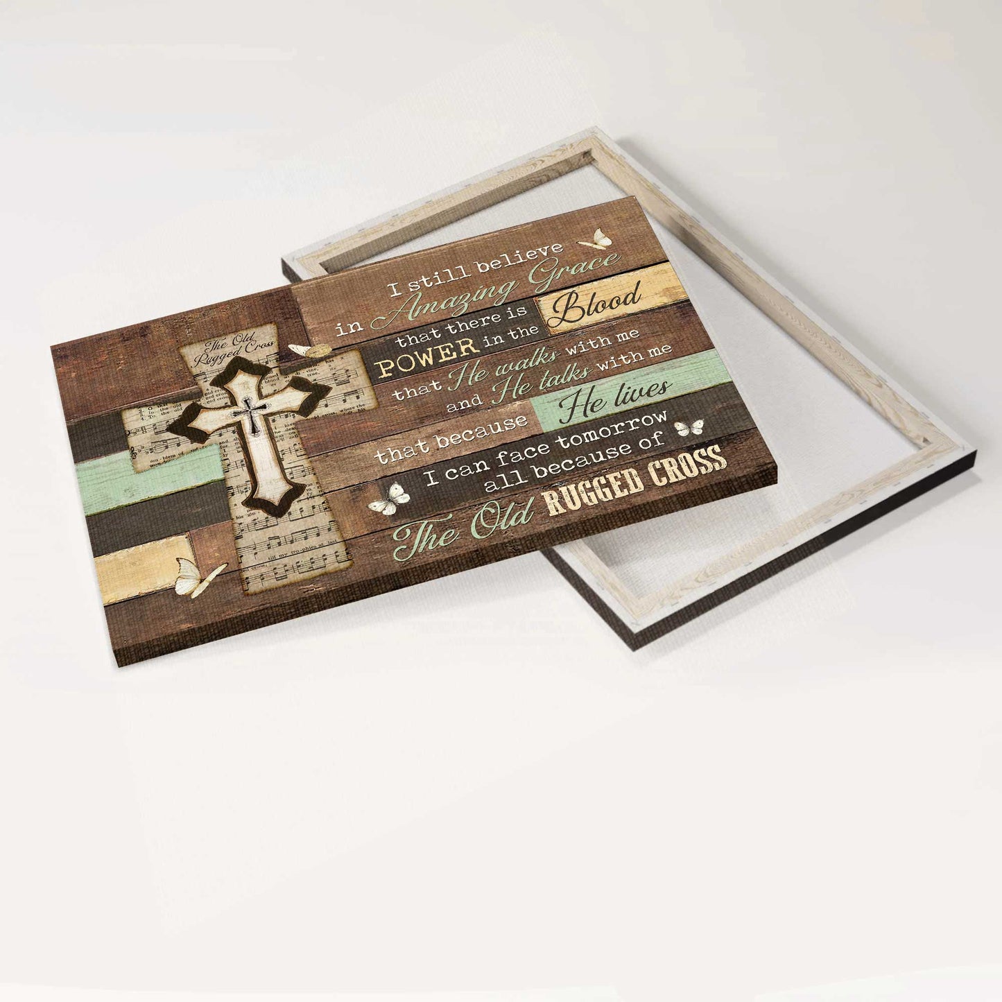 Jesus Landscape Canvas- Amazing Grace, Music Sheet , Wall Planks, White Butterfly Landscape Canvas- Gift For Christian- The Old Rugged Cross