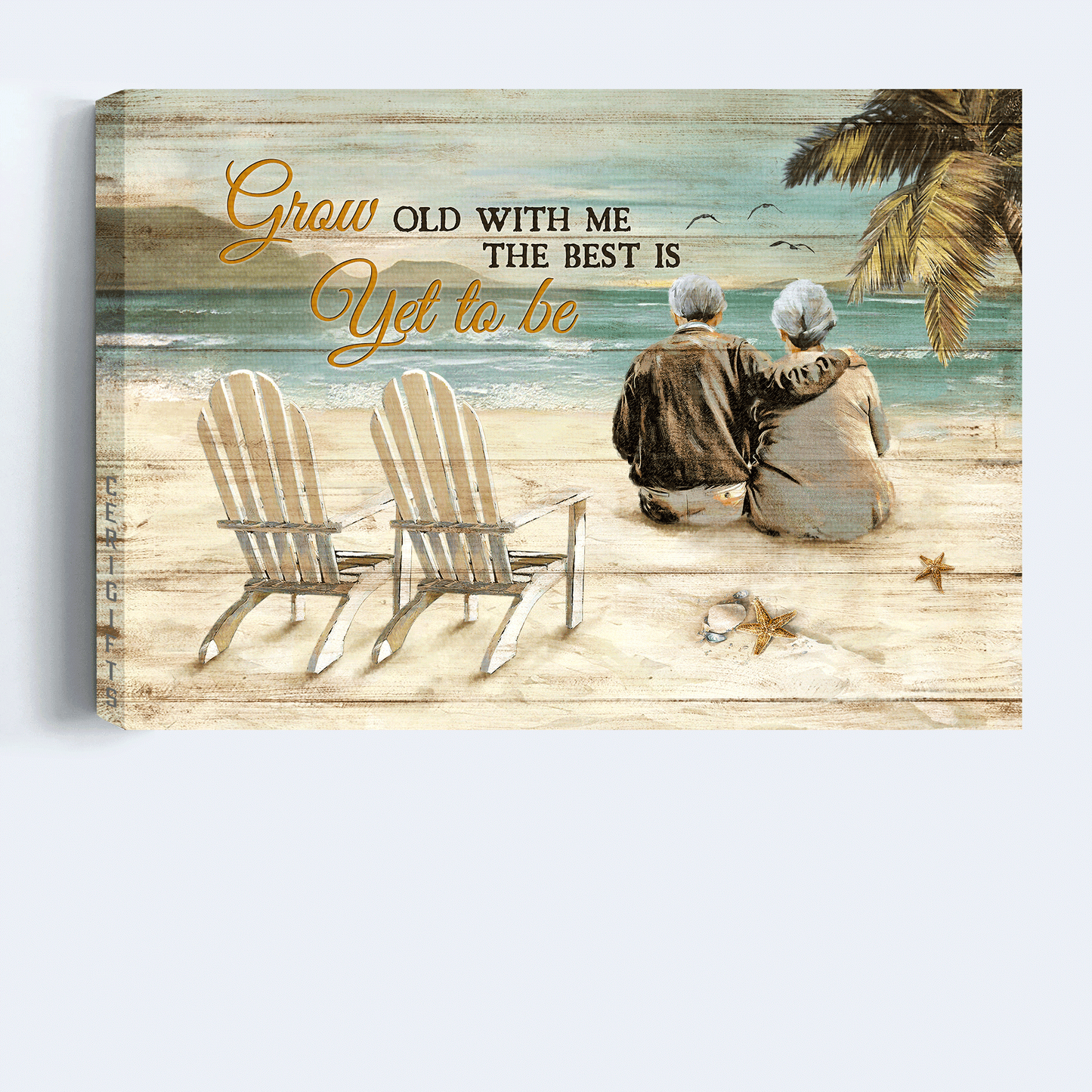 Couple Landscape Canvas - Old couple, Sitting on the beach, Beach chairs Landscape Canvas - Gift For Couple, Spouse, Lover - Grow old with me Landscape Canvas