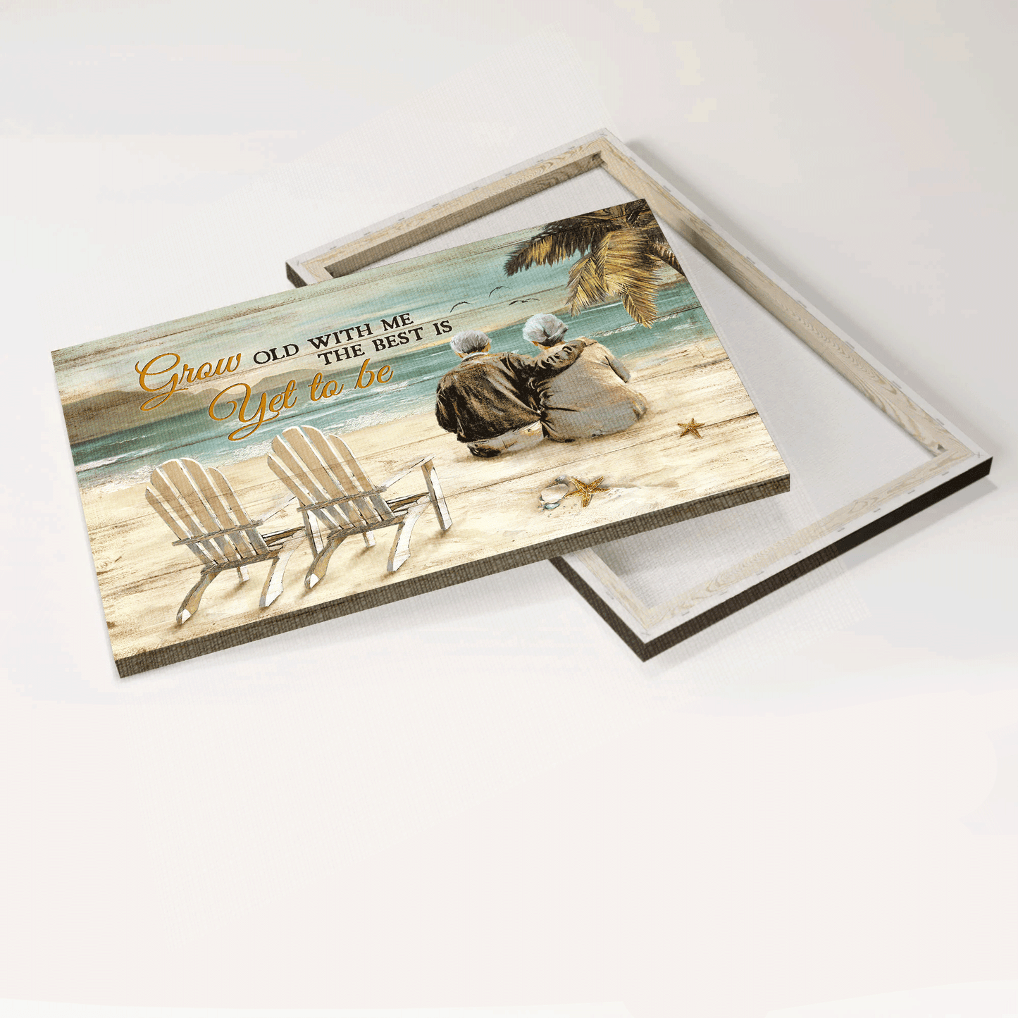 Couple Landscape Canvas - Old couple, Sitting on the beach, Beach chairs Landscape Canvas - Gift For Couple, Spouse, Lover - Grow old with me Landscape Canvas