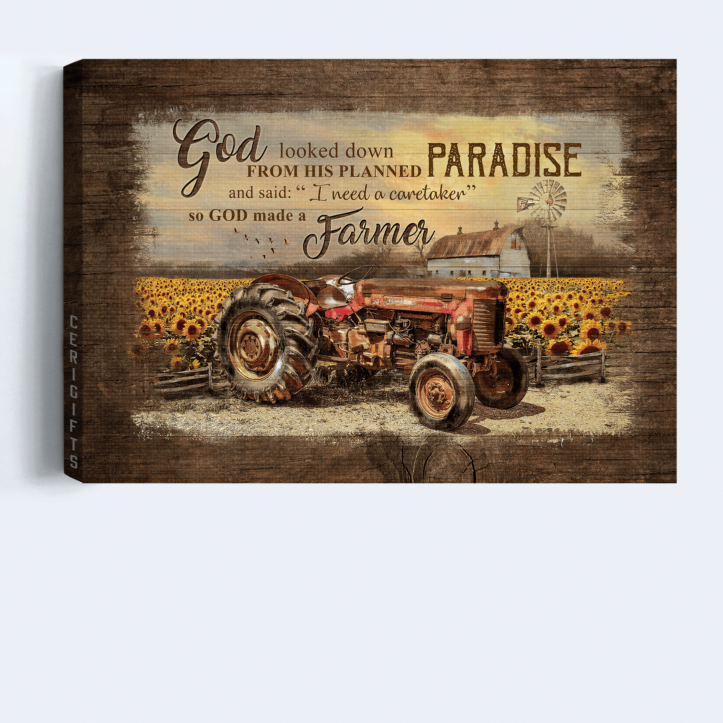 Farm Landscape Canvas - Old red truck, Sunflower field, Old barn Painting Landscape Canvas - Gift For Farmer - God need a caretaker so he made a farmer Landscape Canvas