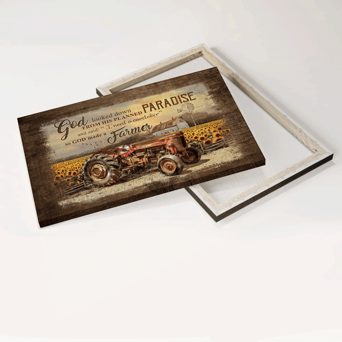 Farm Landscape Canvas - Old red truck, Sunflower field, Old barn Painting Landscape Canvas - Gift For Farmer - God need a caretaker so he made a farmer Landscape Canvas