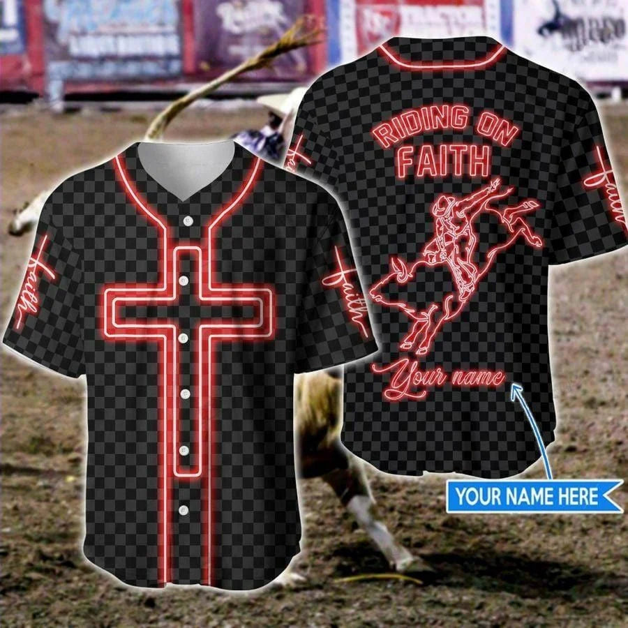 Personalized Jesus Baseball Jersey - Cross, Bull Riding Baseball Jersey - Gift For Christians - Bull Riding On Faith Custom Baseball Jersey Shirt