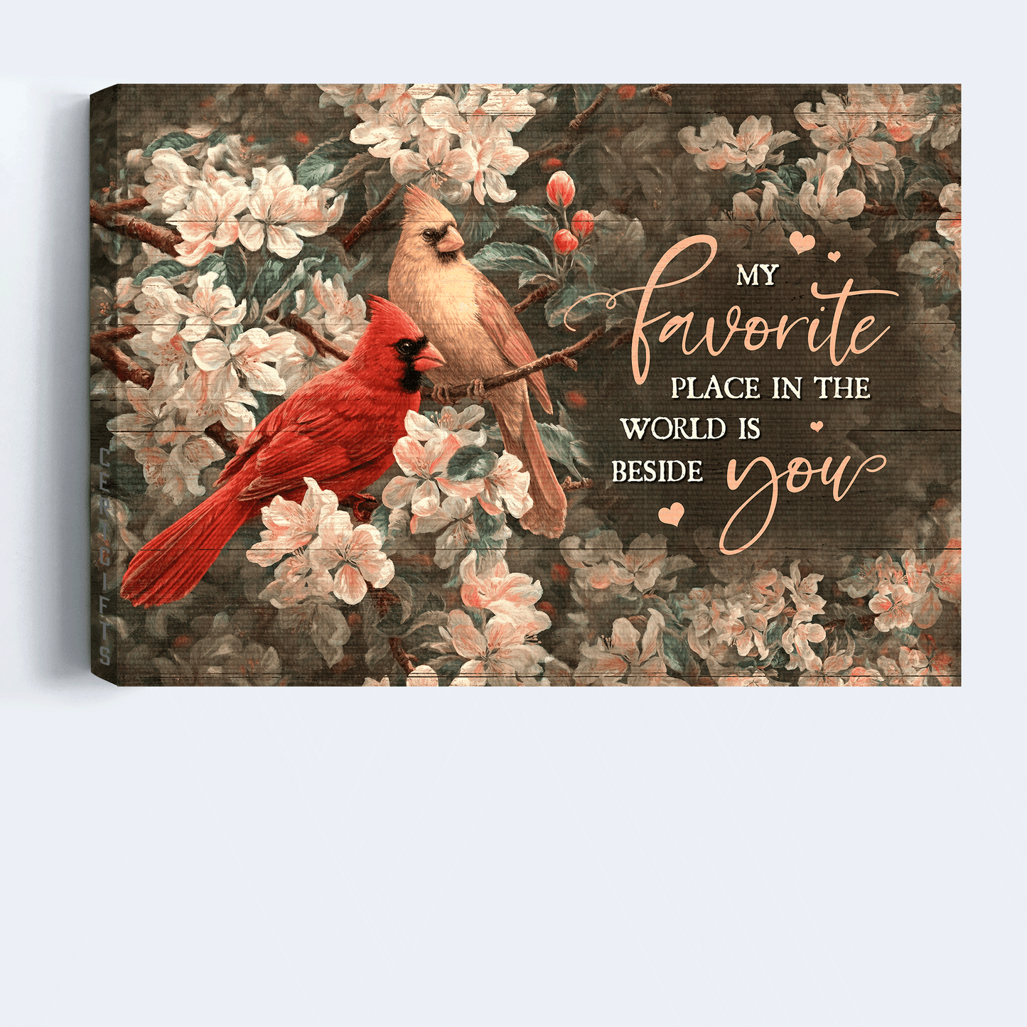 Couple Landscape Canvas - Pink flower garden, Cardinal, Watercolor cardinal Landscape Canvas - Gift For Couple, Spouse, Lover - My favorite place in the world is beside you Landscape Canvas