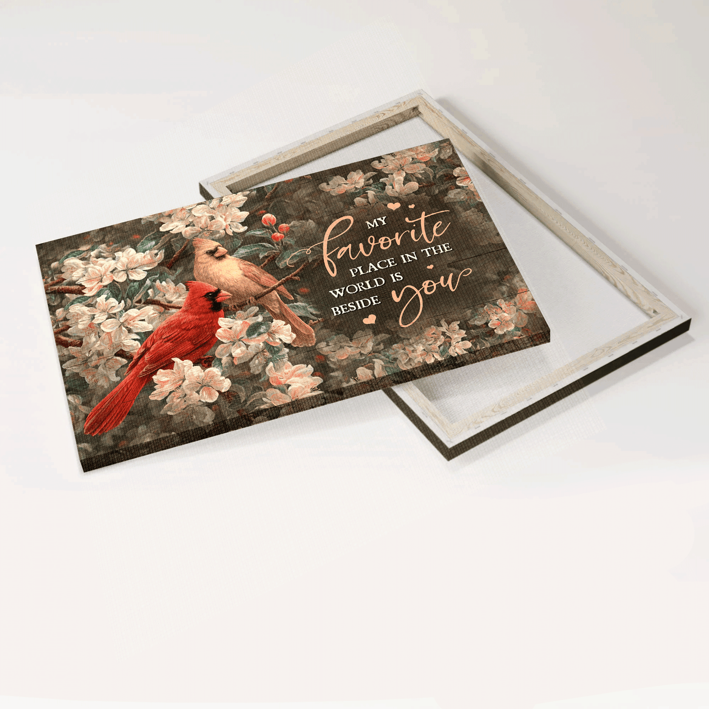 Couple Landscape Canvas - Pink flower garden, Cardinal, Watercolor cardinal Landscape Canvas - Gift For Couple, Spouse, Lover - My favorite place in the world is beside you Landscape Canvas