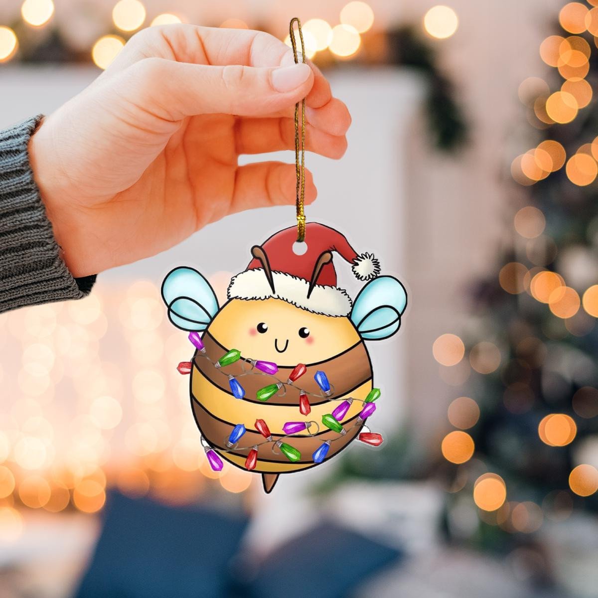 Pretty Bee Santa Claus Red Hat - Christmas Custom Plastic Acrylic Ornaments Xmas Gifts for Family Friends - Gift For Christmas 2022