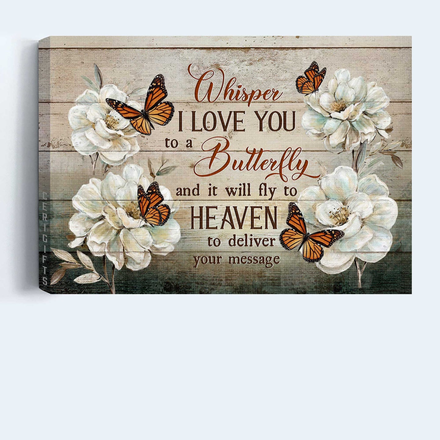 Memorial Landscape Canvas- Pretty camellia, Monarch butterfly- Gift for members family- Whisper I love you to a butterfly - Heaven Landscape Canvas Prints, Wall Art