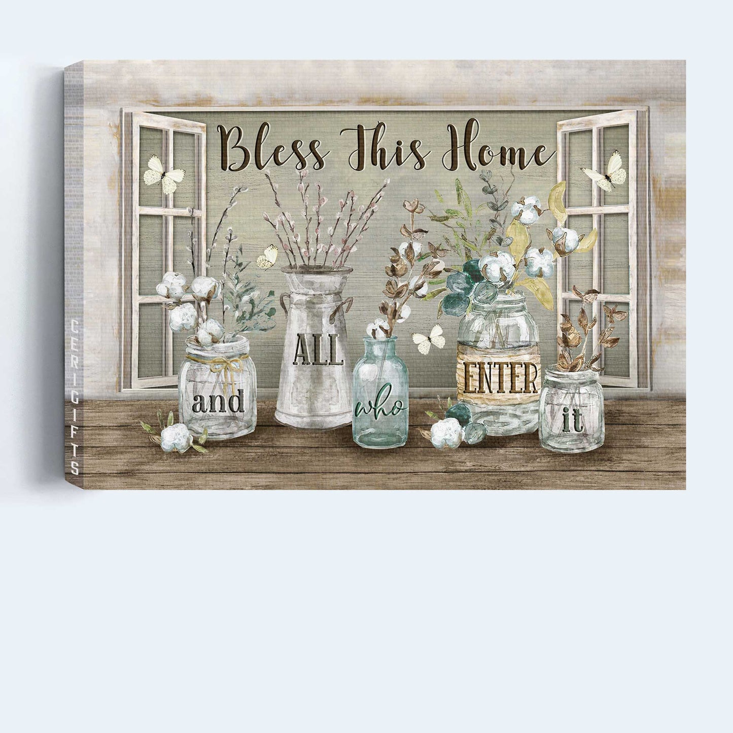 Jesus Landscape Canvas- Pretty cotton flower, Crystal vase, White butterfly canvas- Gift for Christian- Bless this home - Landscape Canvas Prints, Christian Wall Art