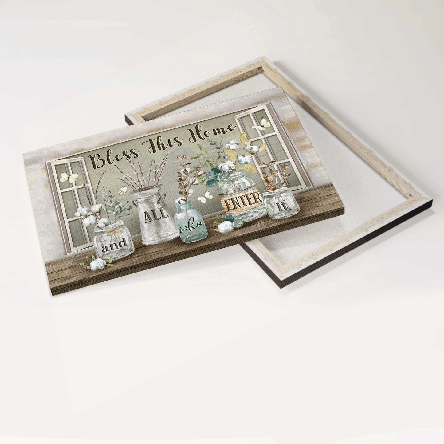 Jesus Landscape Canvas- Pretty cotton flower, Crystal vase, White butterfly canvas- Gift for Christian- Bless this home - Landscape Canvas Prints, Christian Wall Art