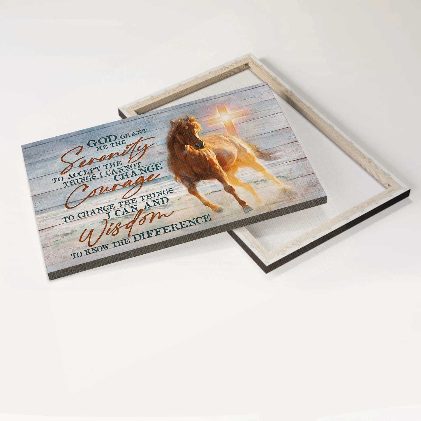 Jesus Landscape Canvas- Pretty horse drawing, Beach painting, Cross Light- Gift for Christian- God grant me the serenity - Landscape Canvas Prints, Christian Wall Art