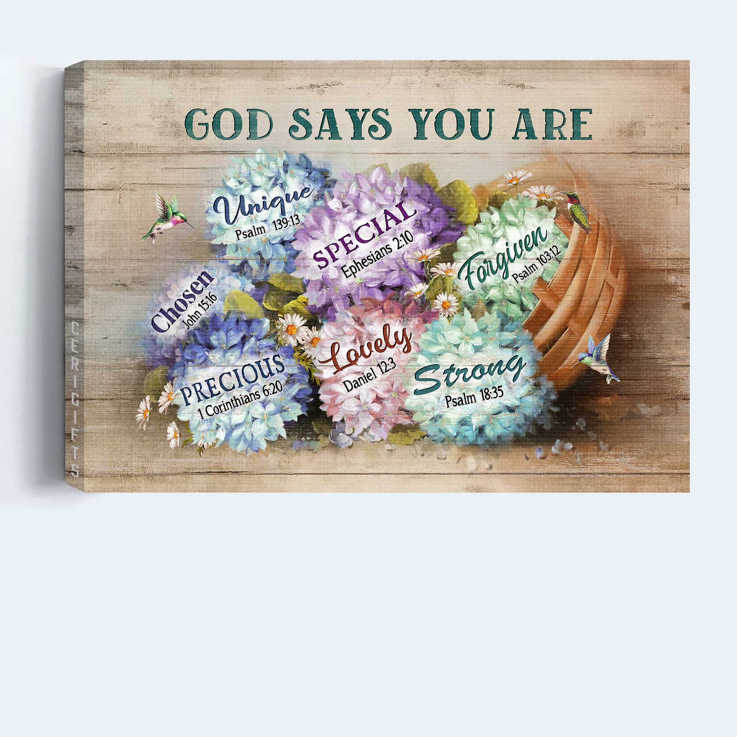 Jesus Landscape Canvas- Pretty hydrangeas, Rattan basket, Hummingbird, God says you are unique canvas- Gift for Christian- Landscape Canvas Prints, Christian Wall Art