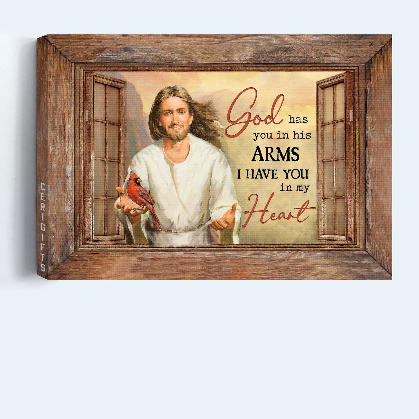 Jesus Landscape Canvas- Into Jesus's arms, Jesus painting, Red cardinal- Gift for Christian- God has you in his arms, I have you in my heart - Landscape Canvas Prints, Christian Wall Art