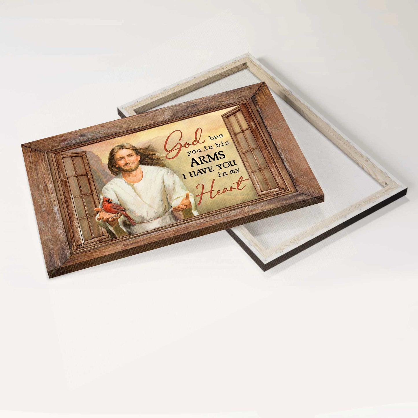 Jesus Landscape Canvas- Into Jesus's arms, Jesus painting, Red cardinal- Gift for Christian- God has you in his arms, I have you in my heart - Landscape Canvas Prints, Christian Wall Art