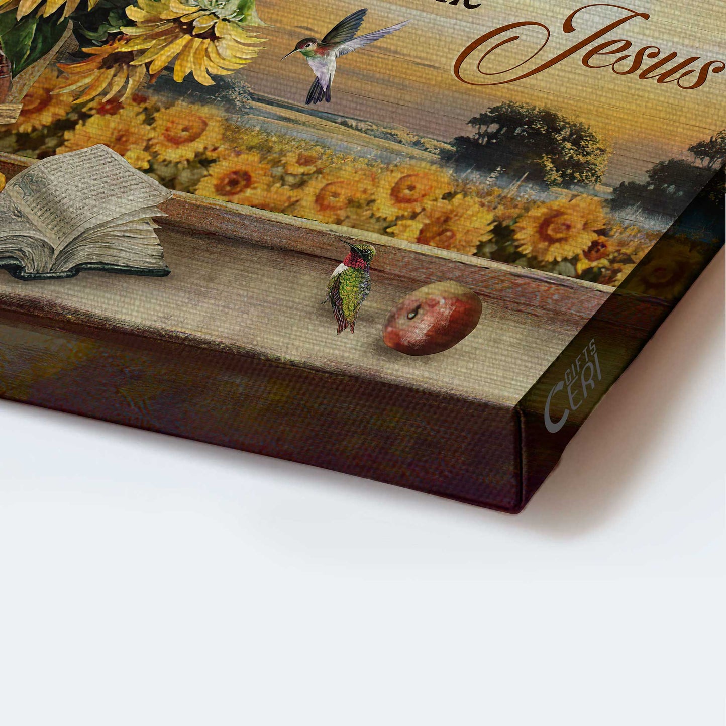 Jesus Landscape Canvas- Pretty sunflower field, Sunset painting, Hummingbird canvas- Gift for Christian- In the morning when I rise - Landscape Canvas Prints, Christian Wall Art