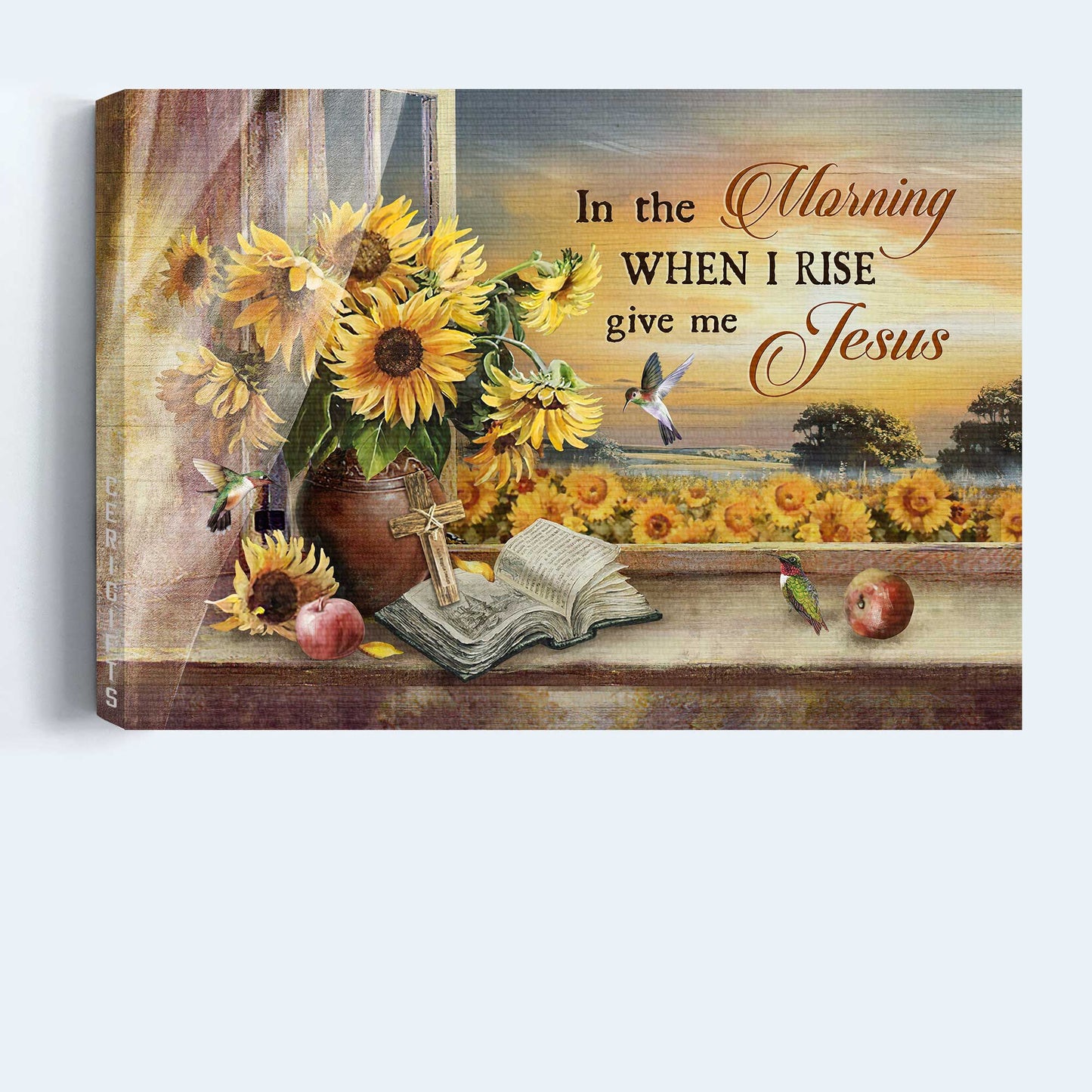 Jesus Landscape Canvas- Pretty sunflower field, Sunset painting, Hummingbird canvas- Gift for Christian- In the morning when I rise - Landscape Canvas Prints, Christian Wall Art
