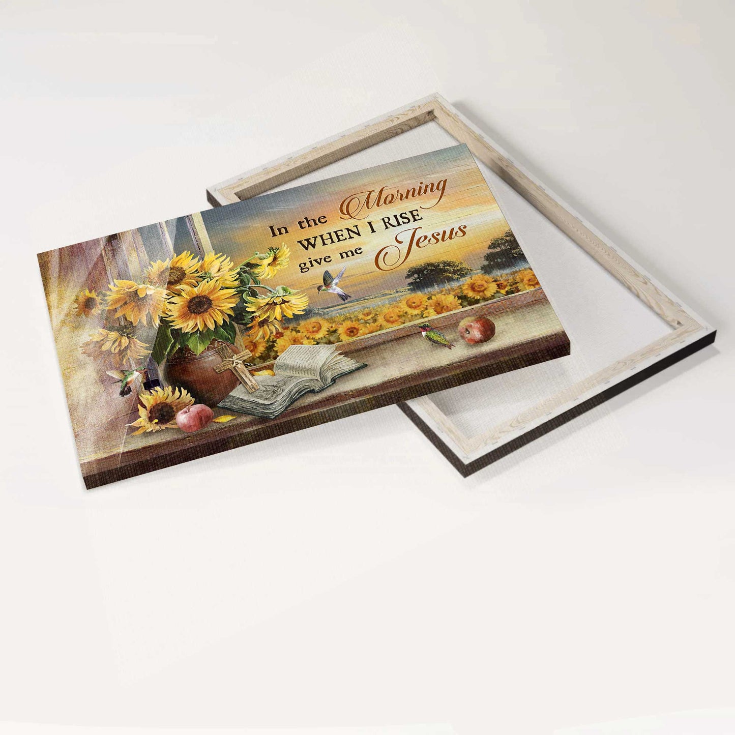 Jesus Landscape Canvas- Pretty sunflower field, Sunset painting, Hummingbird canvas- Gift for Christian- In the morning when I rise - Landscape Canvas Prints, Christian Wall Art