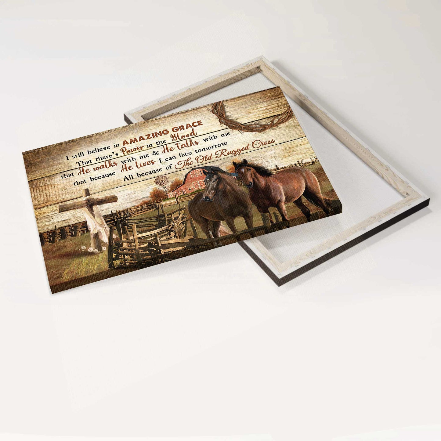 Jesus Landscape Canvas- Quarter horses, Wooden fence, Yellow sky- Gift for Christian- I still believe in amazing grace - Landscape Canvas Prints, Christian Wall Art