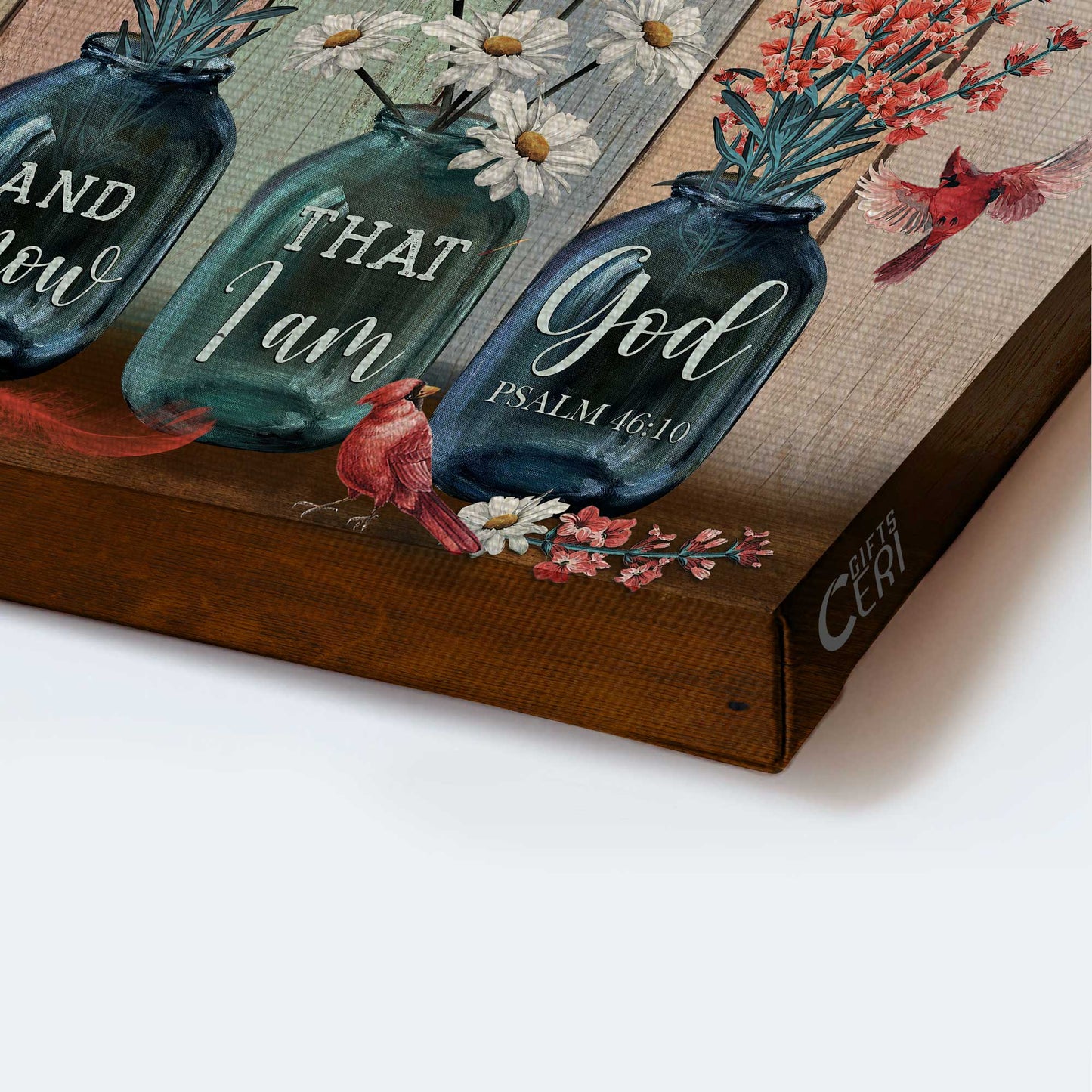 Jesus Landscape Canvas- Red apricot blossom, Daisy flower, Cardinal - Gift for Christian- Be still and know that I am God - Landscape Canvas Prints, Christian Wall Art