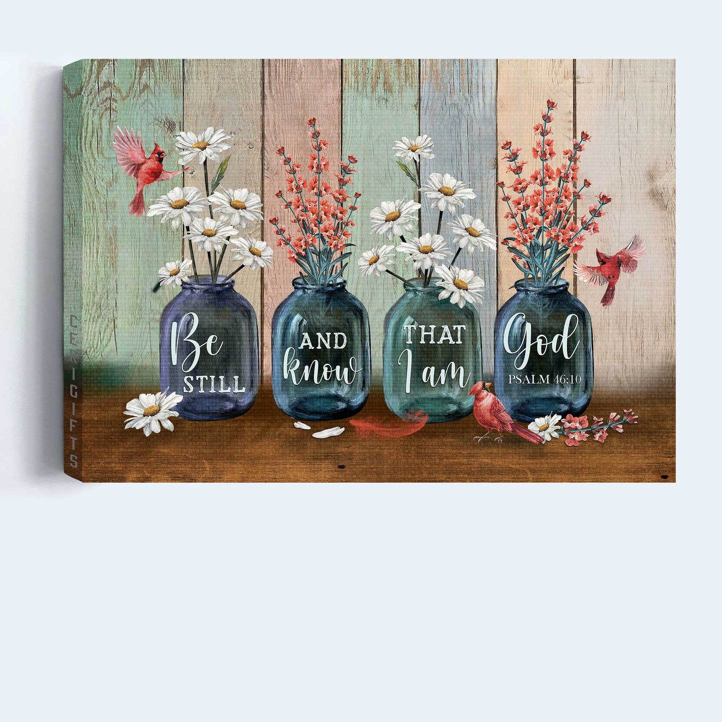 Jesus Landscape Canvas- Red apricot blossom, Daisy flower, Cardinal - Gift for Christian- Be still and know that I am God - Landscape Canvas Prints, Christian Wall Art