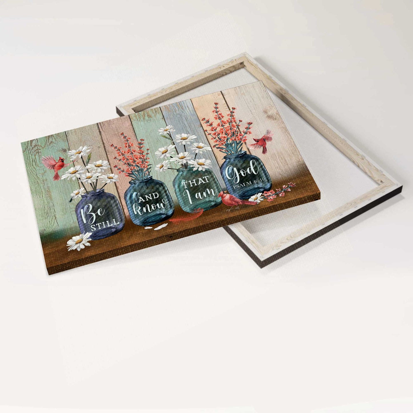 Jesus Landscape Canvas- Red apricot blossom, Daisy flower, Cardinal - Gift for Christian- Be still and know that I am God - Landscape Canvas Prints, Christian Wall Art