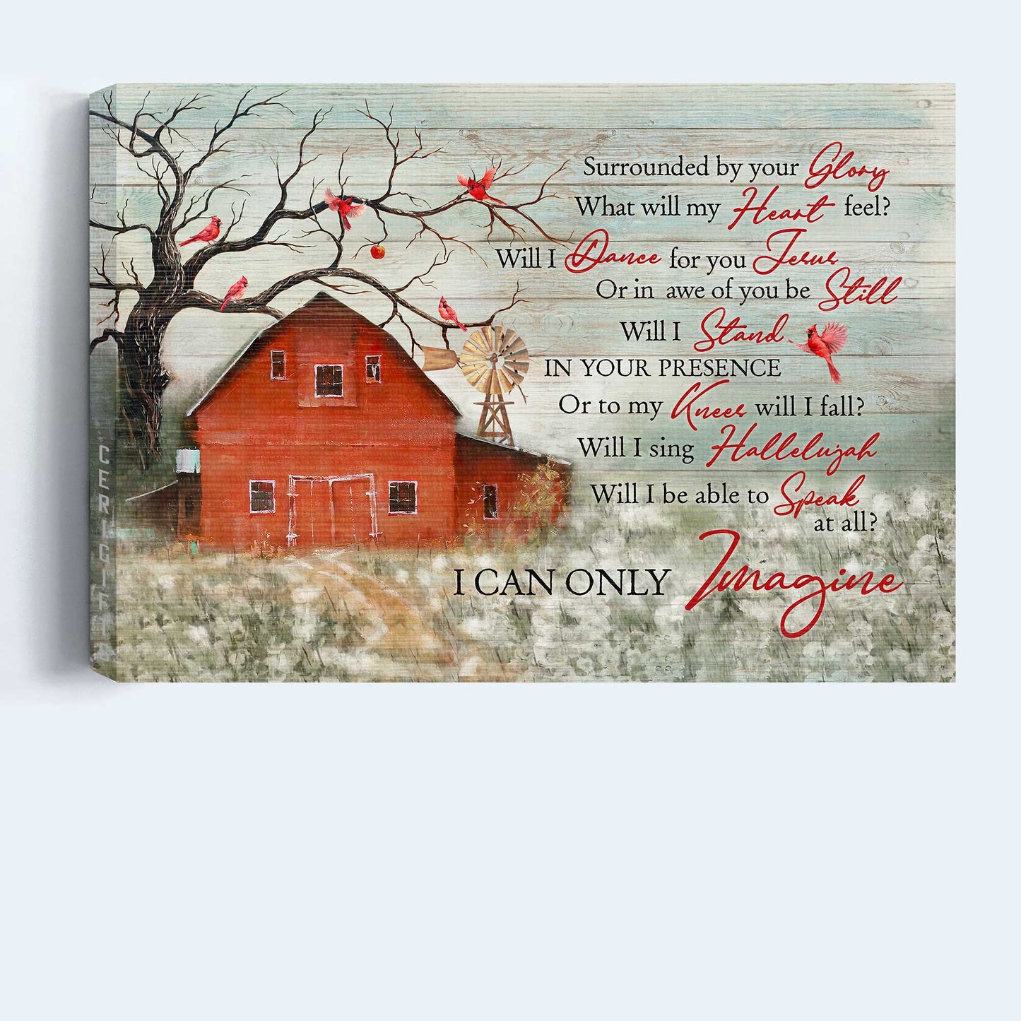 Jesus Landscape Canvas- Red barn, Field of dandelion, Cardinal drawing- Gift for Christian- I can only imagine - Landscape Canvas Prints, Christian Wall Art