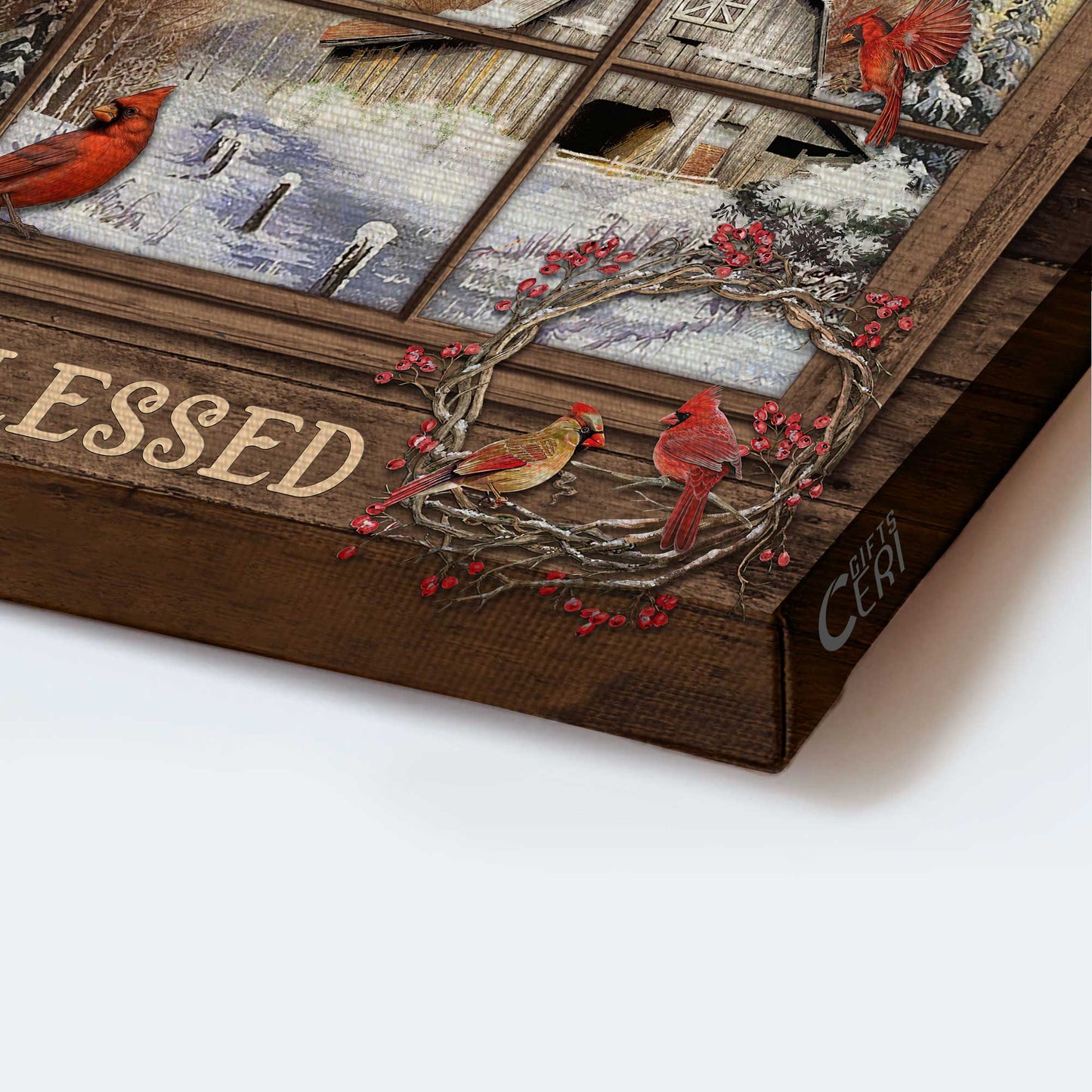 Jesus Landscape Canvas- Red cardinal drawing, White snow, Winter forest, Cranberry wreath, Simply blessed canvas- Gift for Christian - Landscape Canvas Prints, Christian Wall Art