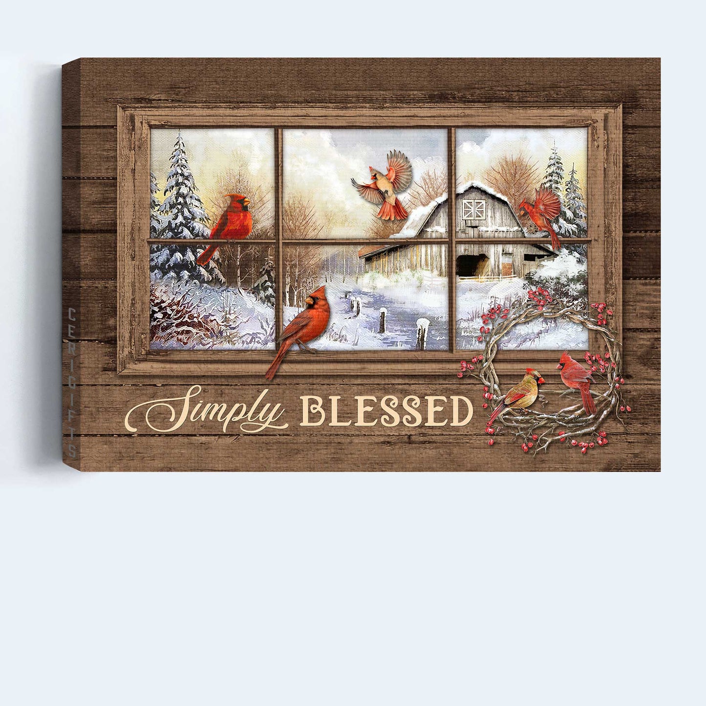 Jesus Landscape Canvas- Red cardinal drawing, White snow, Winter forest, Cranberry wreath, Simply blessed canvas- Gift for Christian - Landscape Canvas Prints, Christian Wall Art