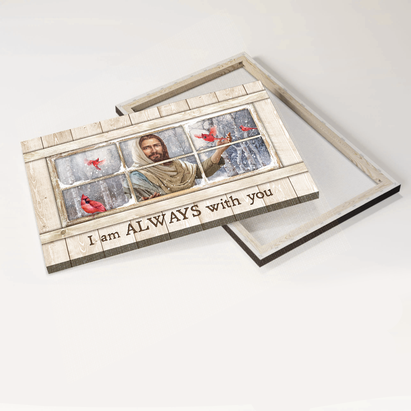 Heaven Landscape Canvas - Red cardinal, Jesus Christ, Wooden window frame, I am always with you Landscape Canvas - Memorial Gift For Family Members Landscape Canvas Prints, Wall Art