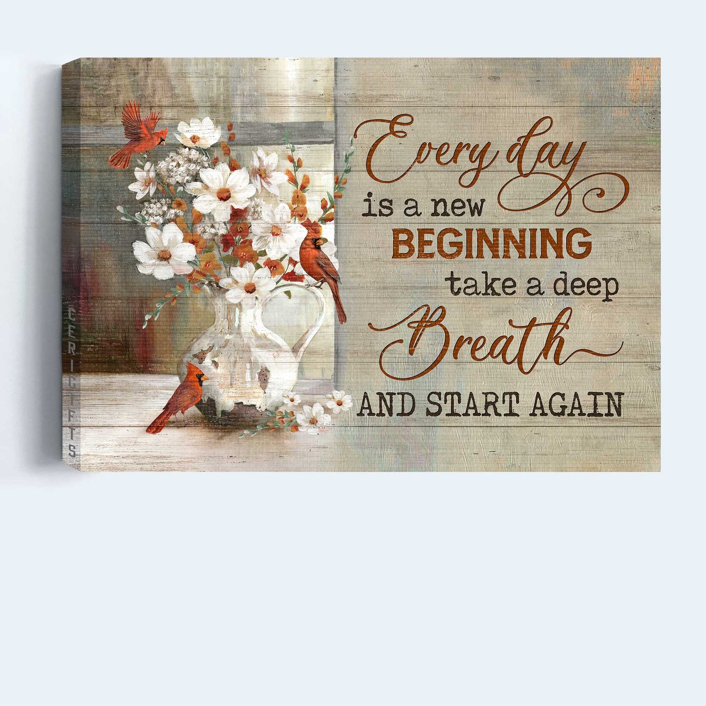 Jesus Landscape Canvas- Red cardinals, White camellia, Flower vase- Gift for Christian- Every day is a new beginning- Landscape Canvas Prints, Christian Wall Art