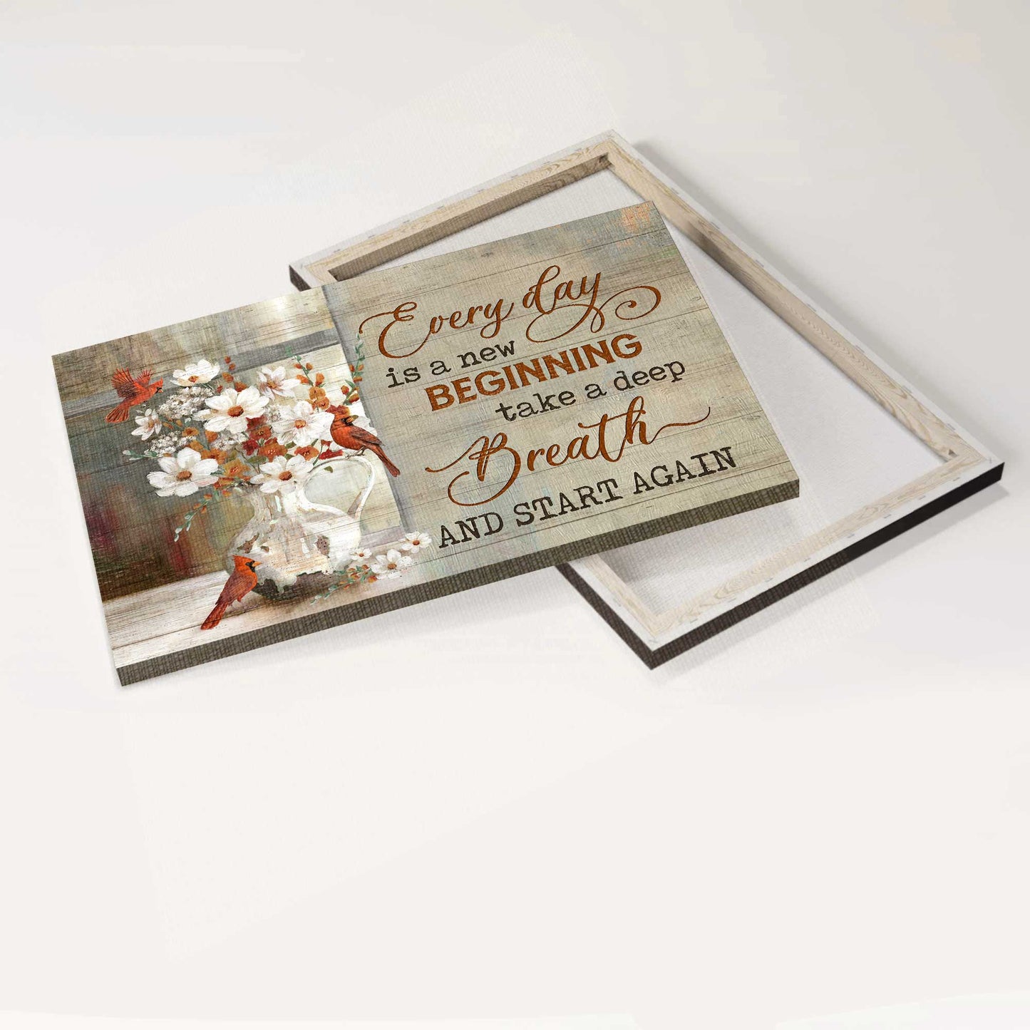 Jesus Landscape Canvas- Red cardinals, White camellia, Flower vase- Gift for Christian- Every day is a new beginning- Landscape Canvas Prints, Christian Wall Art