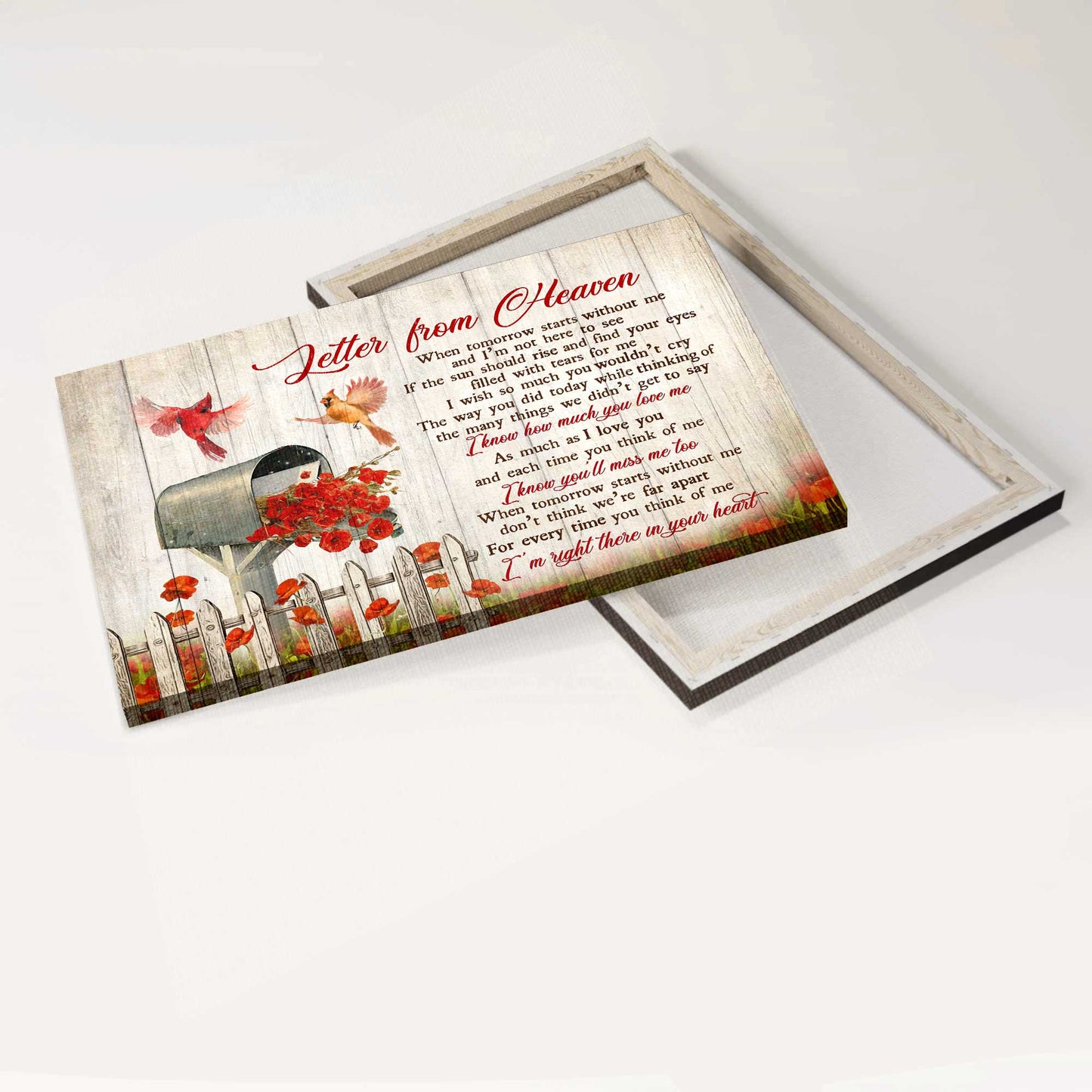 Memorial Landscape Canvas- Red poppy painting, Cardinal drawing, Letter box- Gift for members family- Letter from heaven - Heaven Landscape Canvas Prints, Wall Art