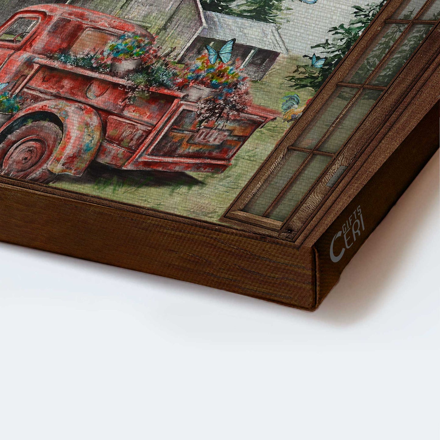 Jesus Landscape Canvas- Red truck painting, Green meadow, Vintage house, Blue butterfly- Gift for Christian - Farm Landscape Canvas Prints Wall Art