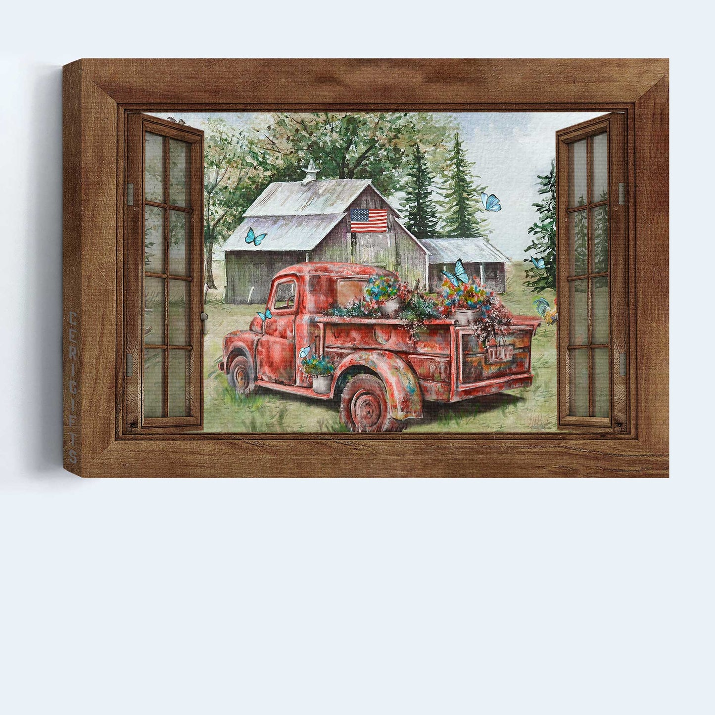 Jesus Landscape Canvas- Red truck painting, Green meadow, Vintage house, Blue butterfly- Gift for Christian - Farm Landscape Canvas Prints Wall Art