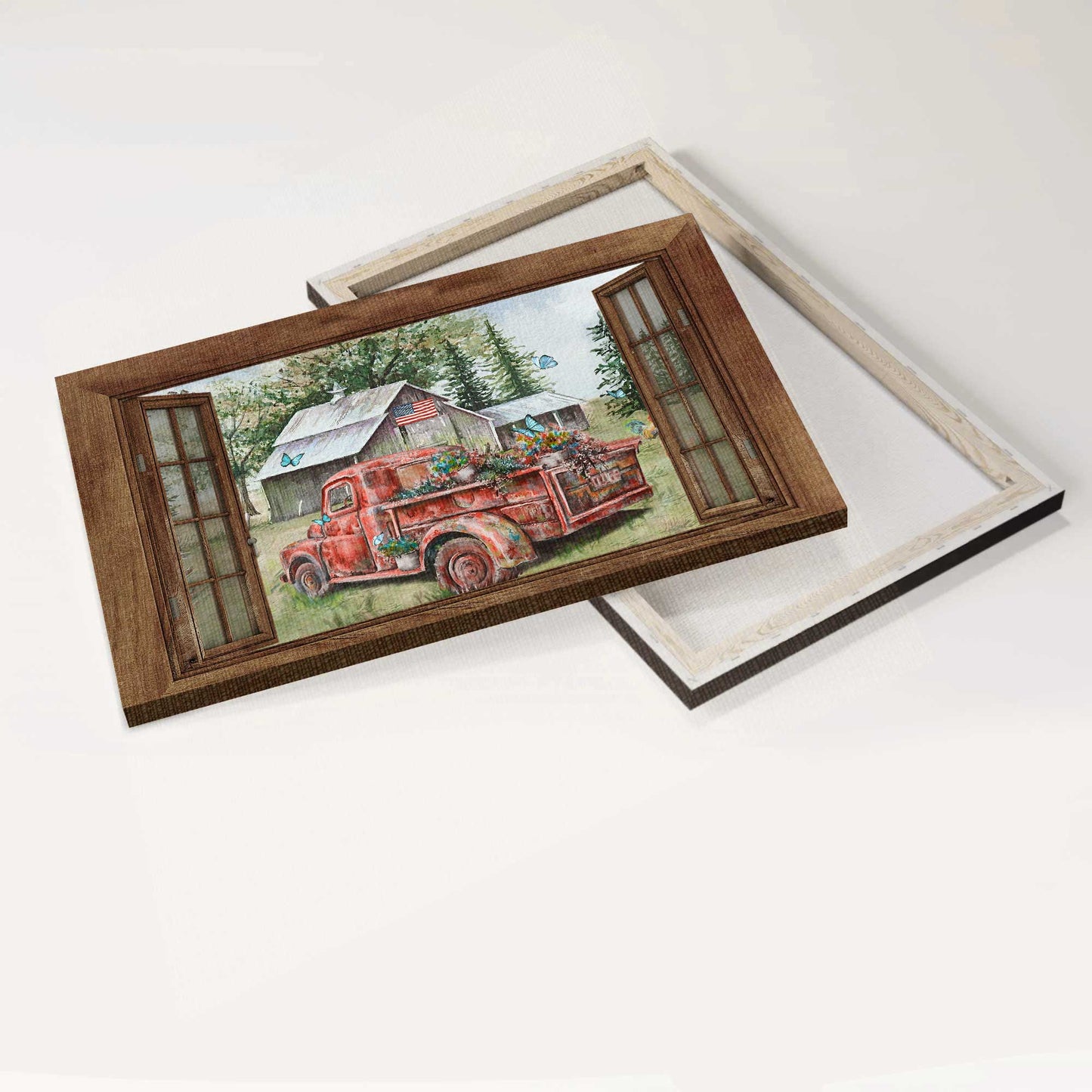 Jesus Landscape Canvas- Red truck painting, Green meadow, Vintage house, Blue butterfly- Gift for Christian - Farm Landscape Canvas Prints Wall Art