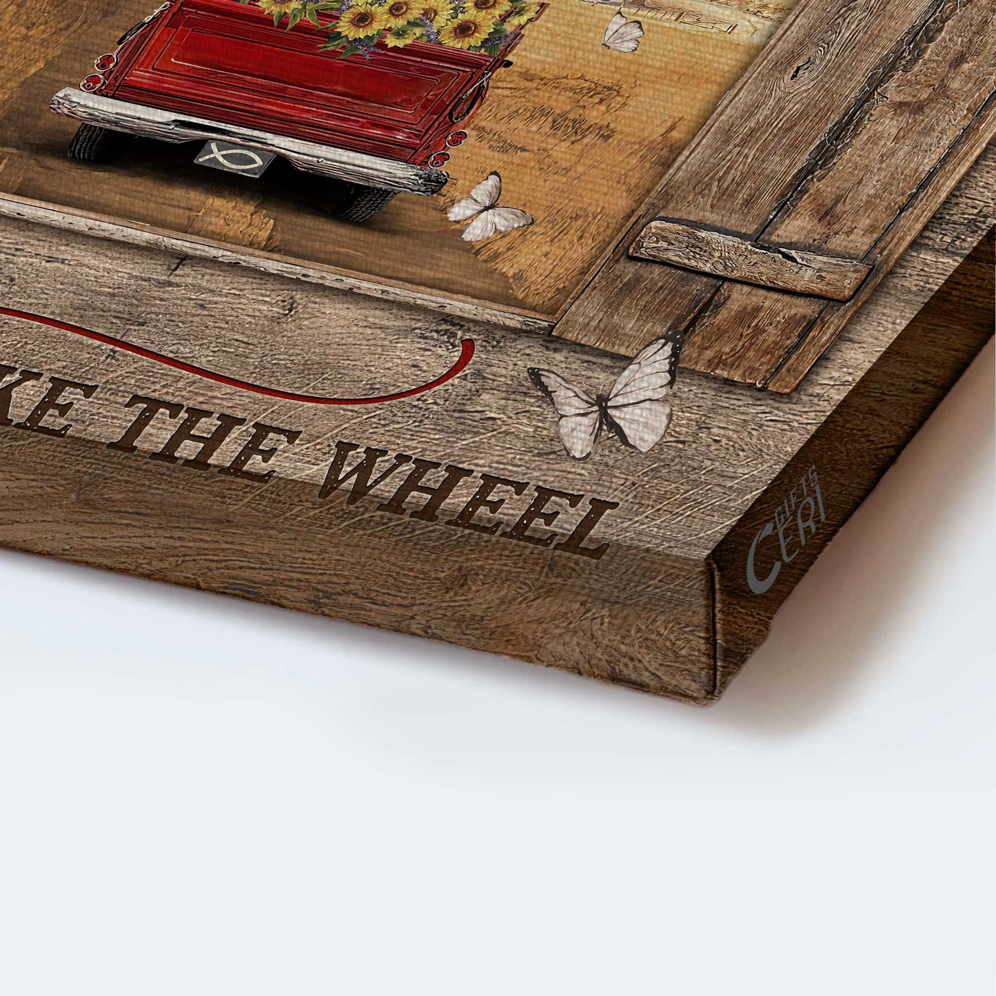 Jesus Landscape Canvas- Red truck painting, Window frame, Countryside landscape- Gift for Christian- Vintage village, Jesus take the wheel - Landscape Canvas Prints, Christian Wall Art