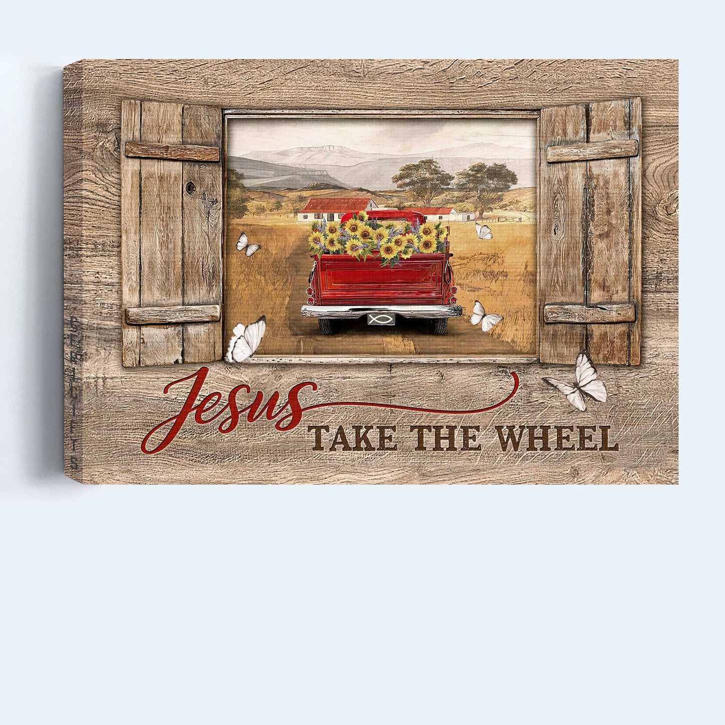 Jesus Landscape Canvas- Red truck painting, Window frame, Countryside landscape- Gift for Christian- Vintage village, Jesus take the wheel - Landscape Canvas Prints, Christian Wall Art